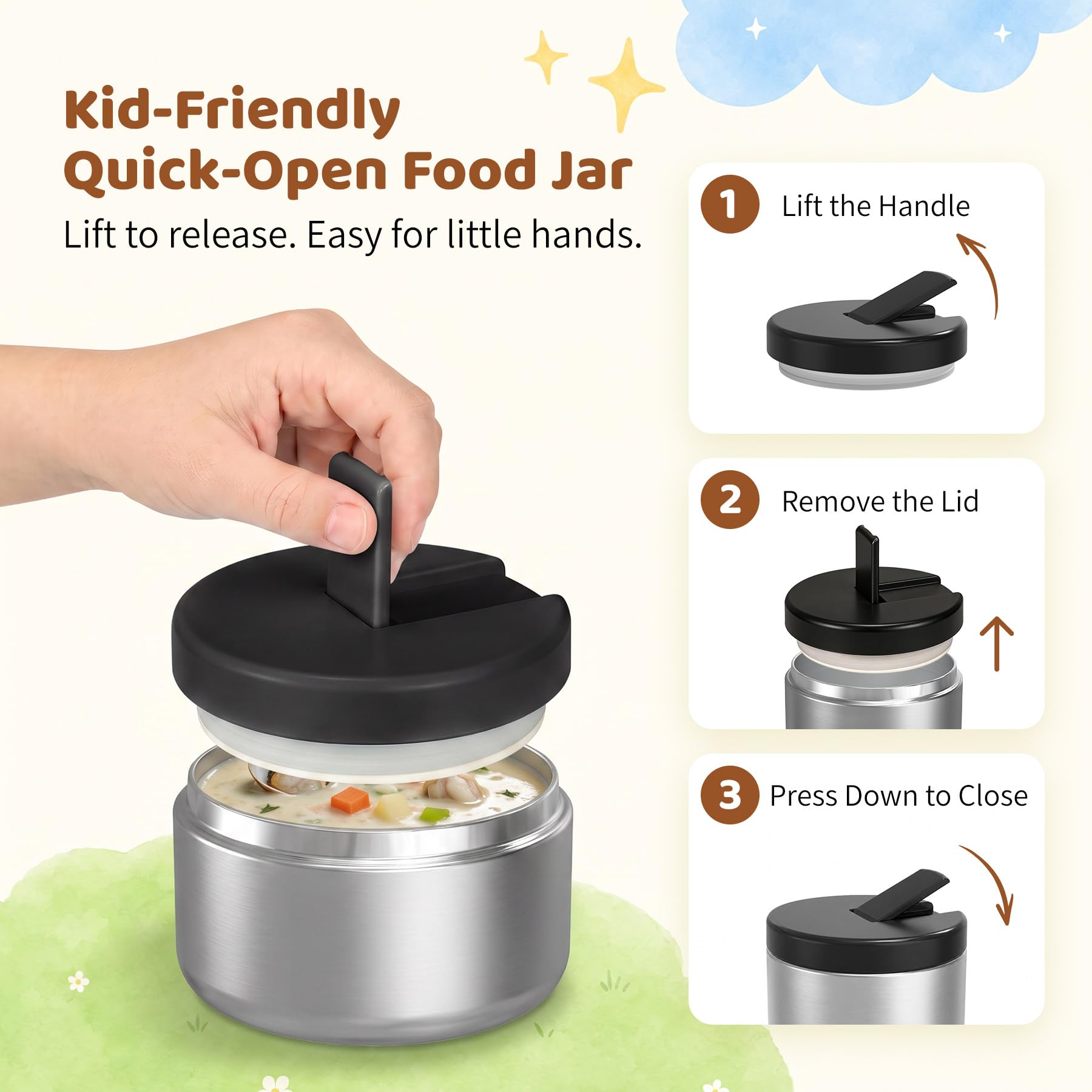 Pawtong Lonchera Bento con termo de sopa de 8 onzas, recipientes de comida a prueba de fugas para niños con 4 compartimentos, tarro de comida caliente con aislamiento térmico para niños, para la