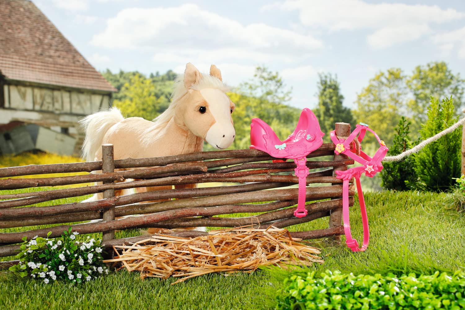 BABY born Zapf Creation 835203 My Cute Horse - Eletronisches Plüschpferd mit Lauf- und Soundfunktion, rosa Sattel, rosa Zaumzeug und Pins zum Dekorieren.