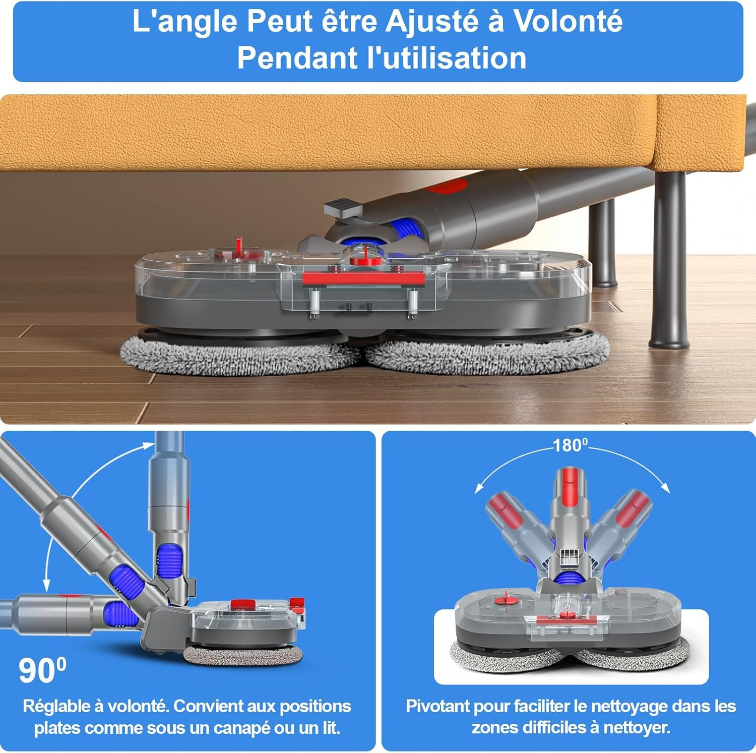 Tête de Vadrouille Électrique pour Aspirateur Dyson V7/V8/V10/V11/V15, avec Réservoir d'eau Amovible, 12 Vadrouilles Lavables, Gris