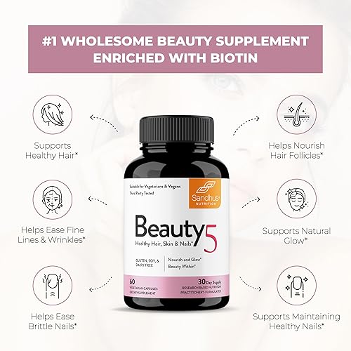 Miniatura 7 de Sandhu's Beauty5 cápsulas, 60 cápsulas vegetarianas, 30 porciones, suplemento para el cuidado de la piel, suplemento para el cabello, la piel y las