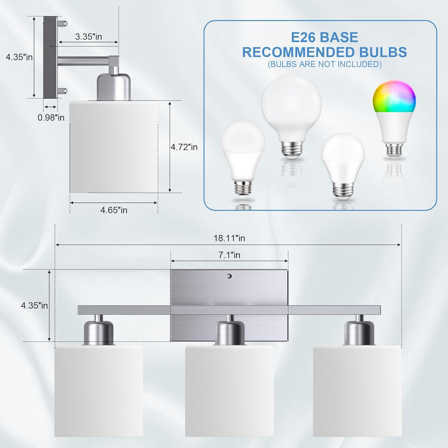 Bathroom Light Fixtures Over Mirror Brushed Nickel, Rustproof 3-Light Bathroom Vanity Lights, 18 Inches Modern Wall Sconces E26 Base, Milky White Glass Shades, Bulbs Not Included