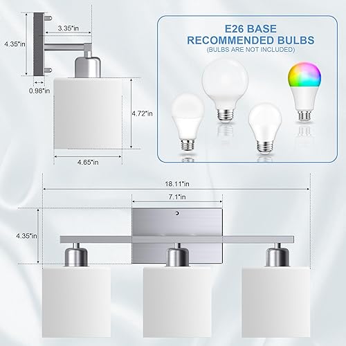 Miniatura 3 de Bathroom Light Fixtures Over Mirror Brushed Nickel, Rustproof 3-Light Bathroom Vanity Lights, 18 Inches Modern Wall Sconces E26 Base, Milky White
