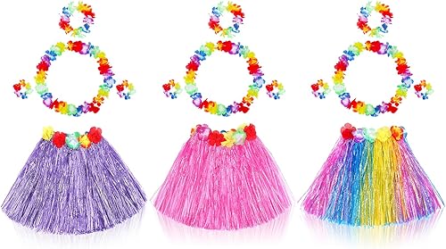 Fortuning's JDS Juego de 3 conjuntos de falda elástica hawaiana de hierba de baile de hula con flores para fiesta de playa tropical Luau