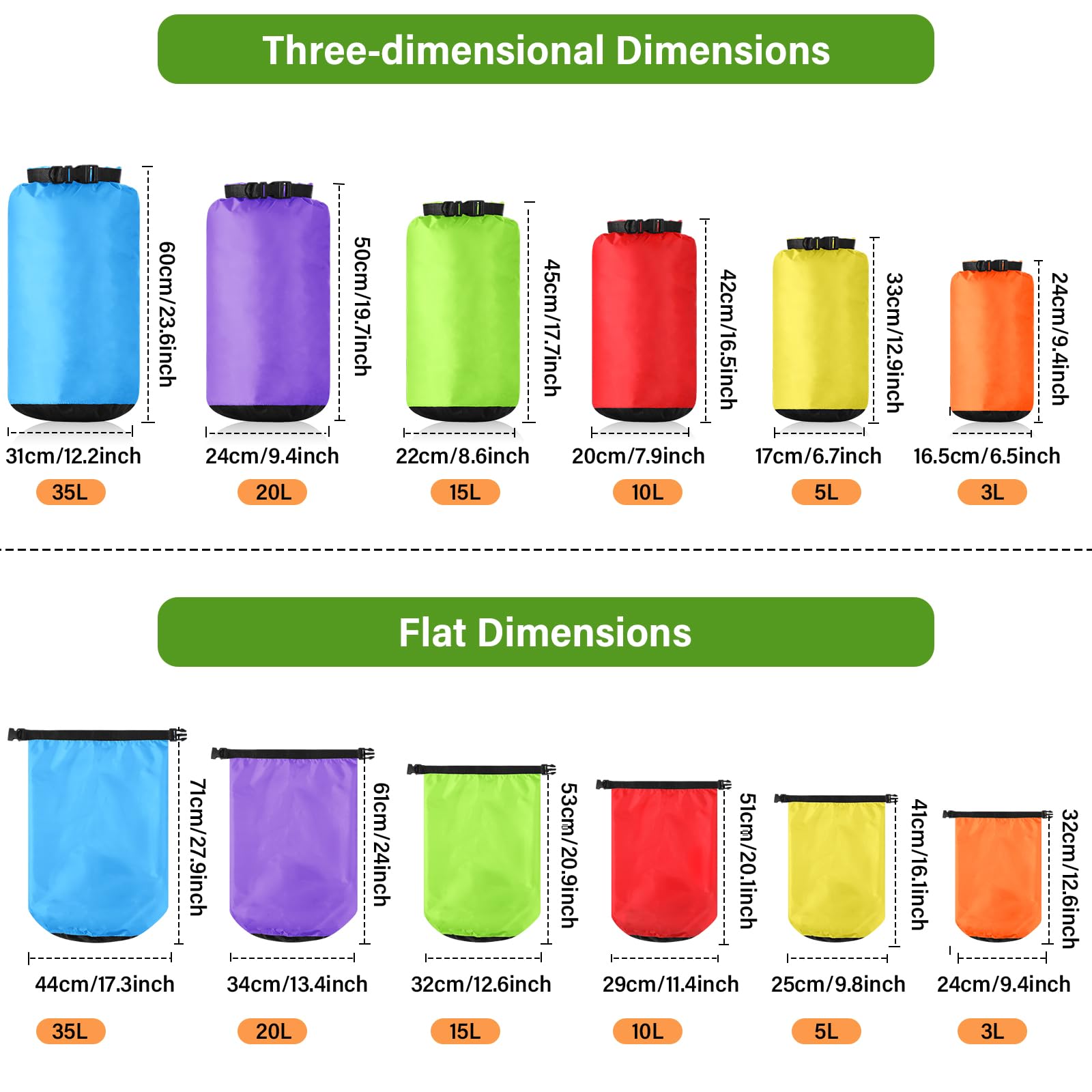 6 bolsas impermeables ligeras para exteriores, 35 L, 20 L, 15 L, 10 L, 5 L, 3 L, bolsa impermeable para barco, kayak, mochilero, senderismo, camping, rafting (color fluorescente)