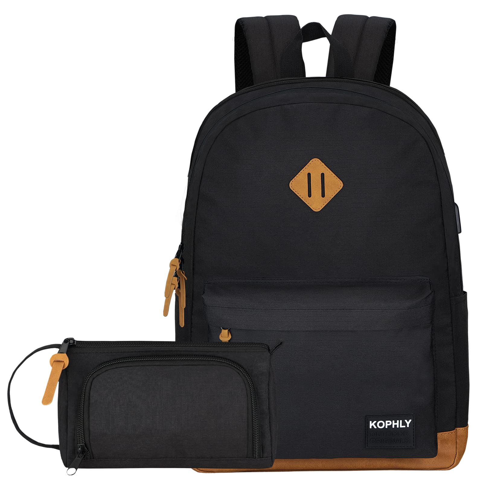 KOPHLY Lightweight Travel Laptop Backpack, Backpack with USB Charging Port For Men and Women, Carry-on Back pack, Casual Work Bag(Black Set)