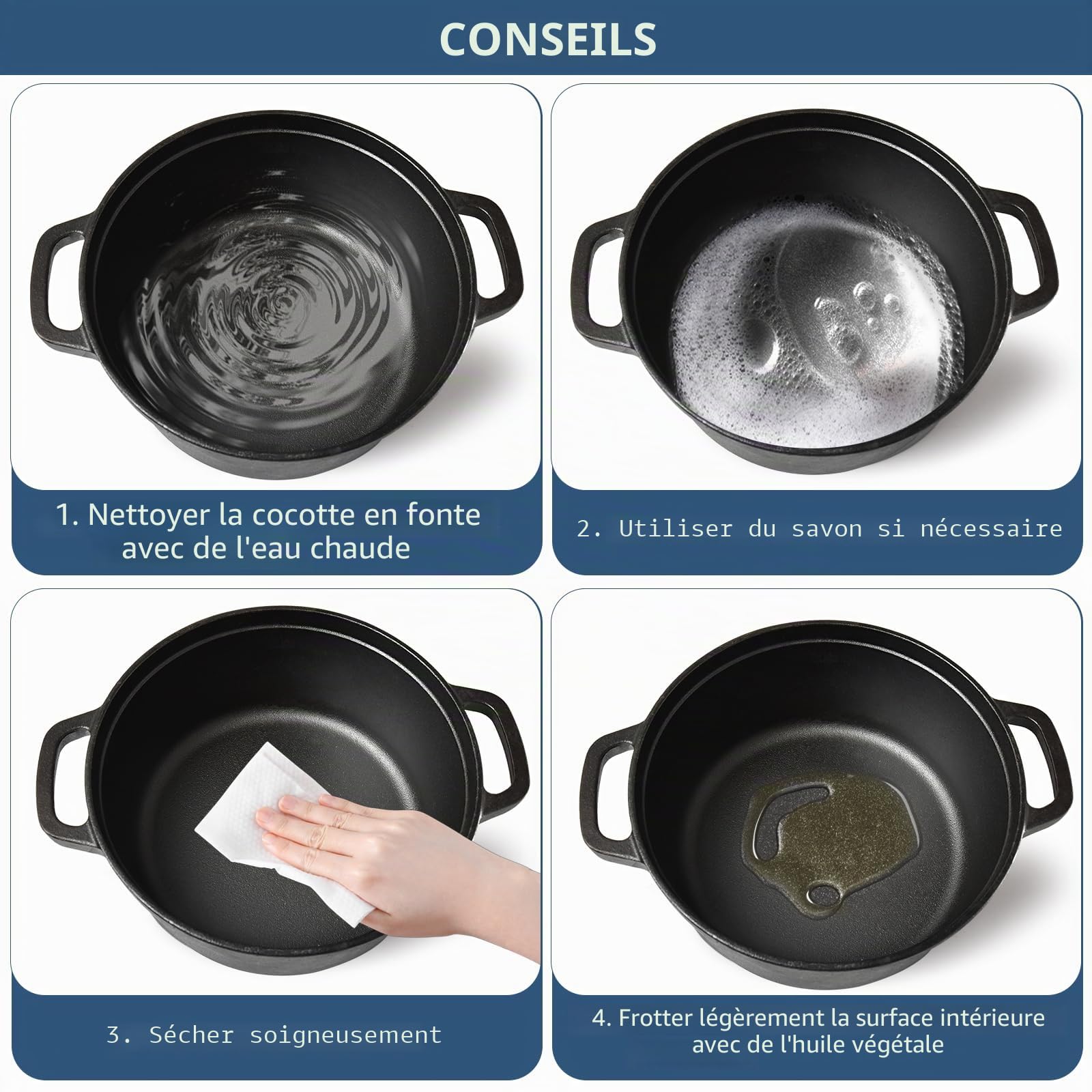 Cocotte en fonte - 26 cm - 5,1 l - Avec couvercle - Induction - Pour la cuisine - Noir
