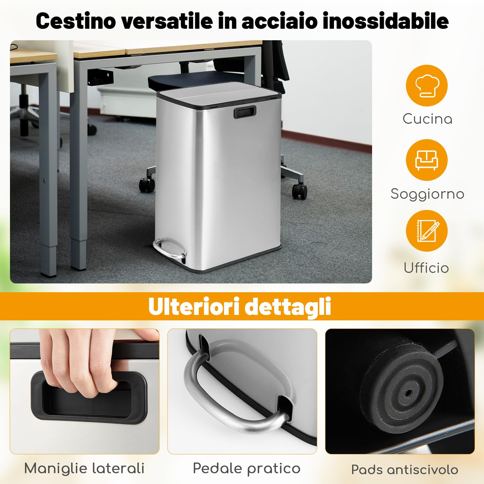 COSTWAY 46L Bidone Rifiuti Acciaio Inox con Pedale, Chiusura Morbida | Cestino Porta Rifiuti con Secchio Interno Rimovibile per Casa Ufficio
