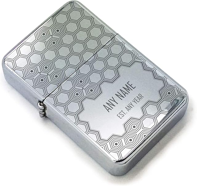 Personalised Engraved Polished Steel Lighter, with Hexagonal Pattern, Add The Recipients Name and Initials, Comes with Soft Lined Metal Tin Gift Box for Presentation.