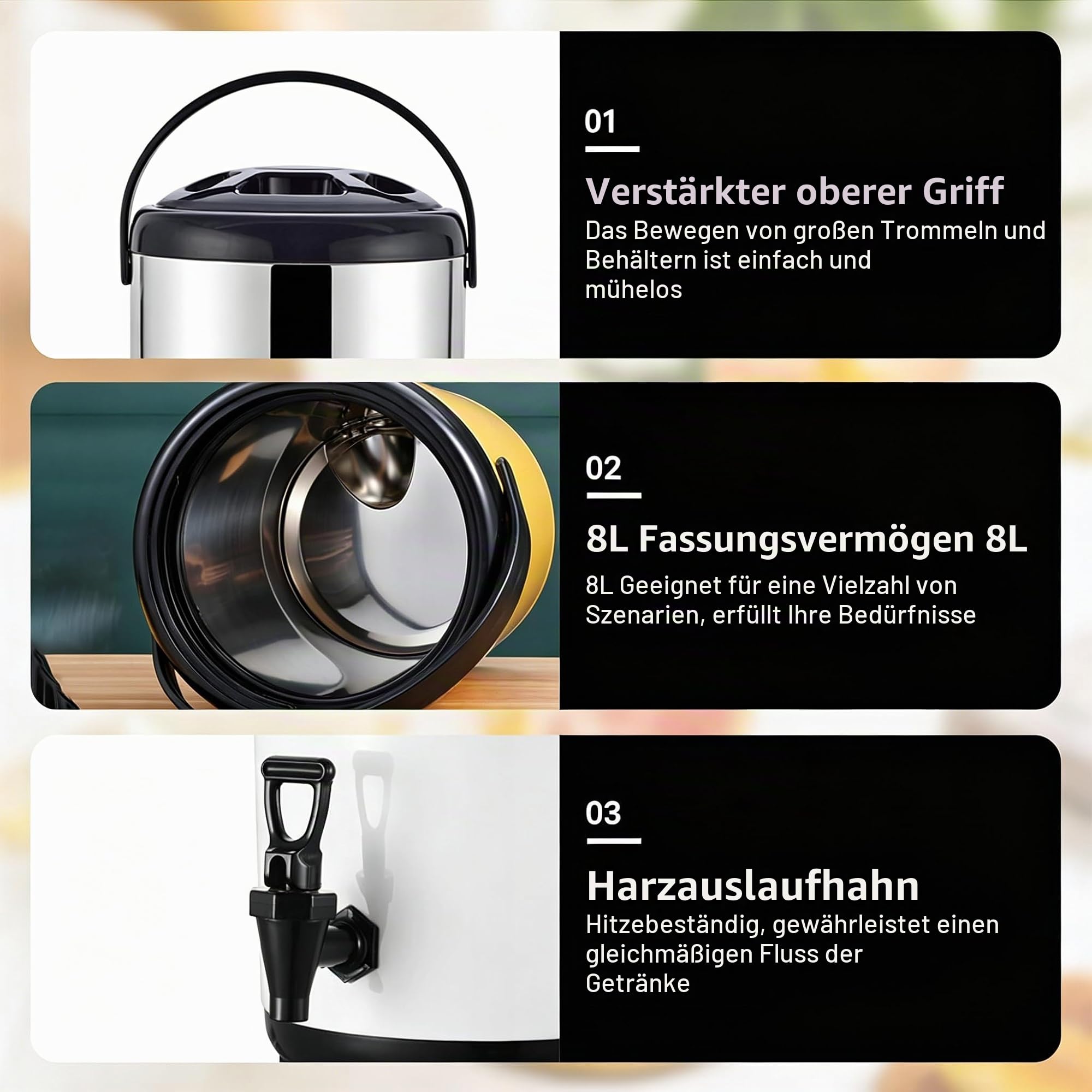 Isolierter Getränkespender, 2 Gallonen/8 l, Thermo Getränkespender aus Edelstahl mit Zapfhahn, lebensmittelecht für heißen Tee, Kaffee, Wasser, Restaurant, Getränkeladen(8L)