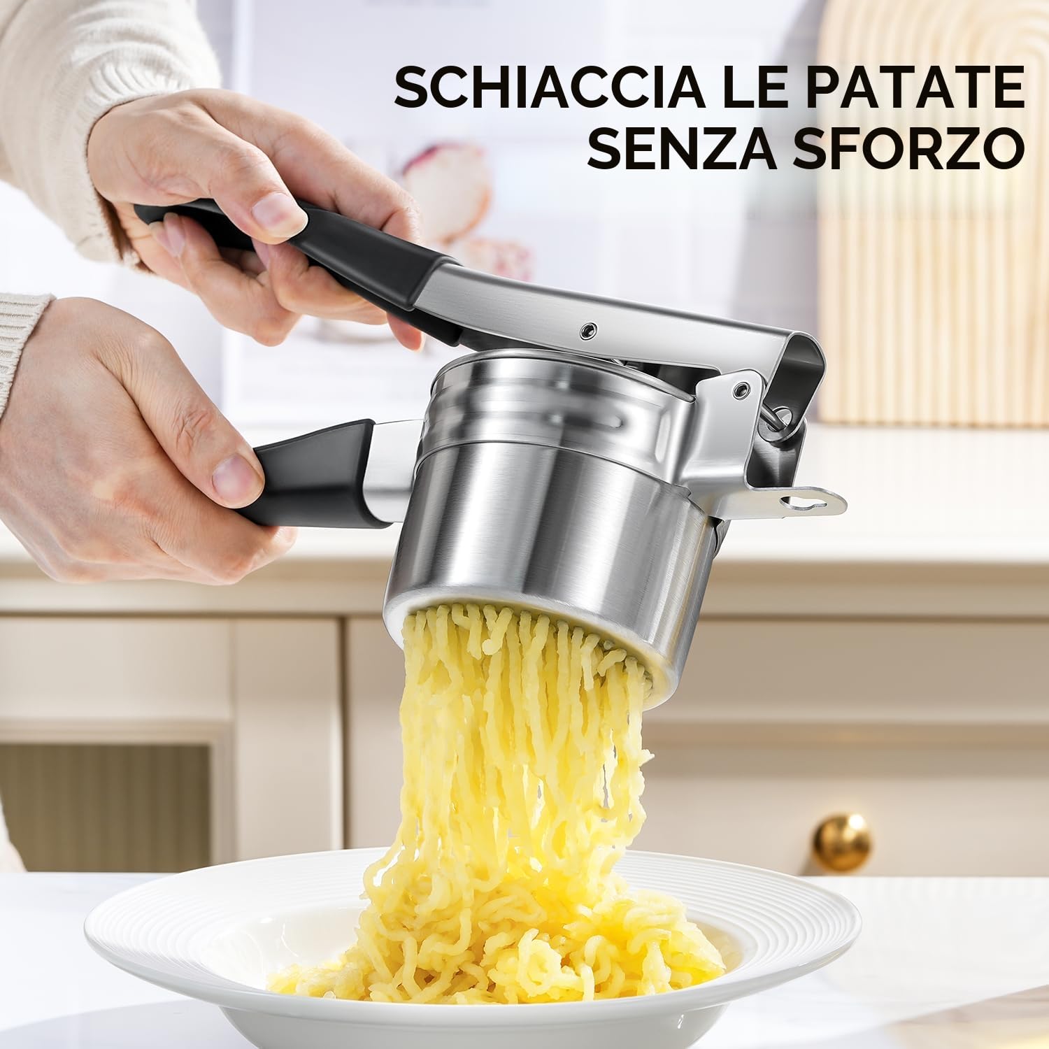 Schiacciapatate, Sopito Schiacciapatate in Acciaio Inox con 2 Tazze Intercambiabili per Purè di Patate, Purè di Verdure, Succhi di Frutta e Ricette Alimentari, Lavabile in Lavastoviglie
