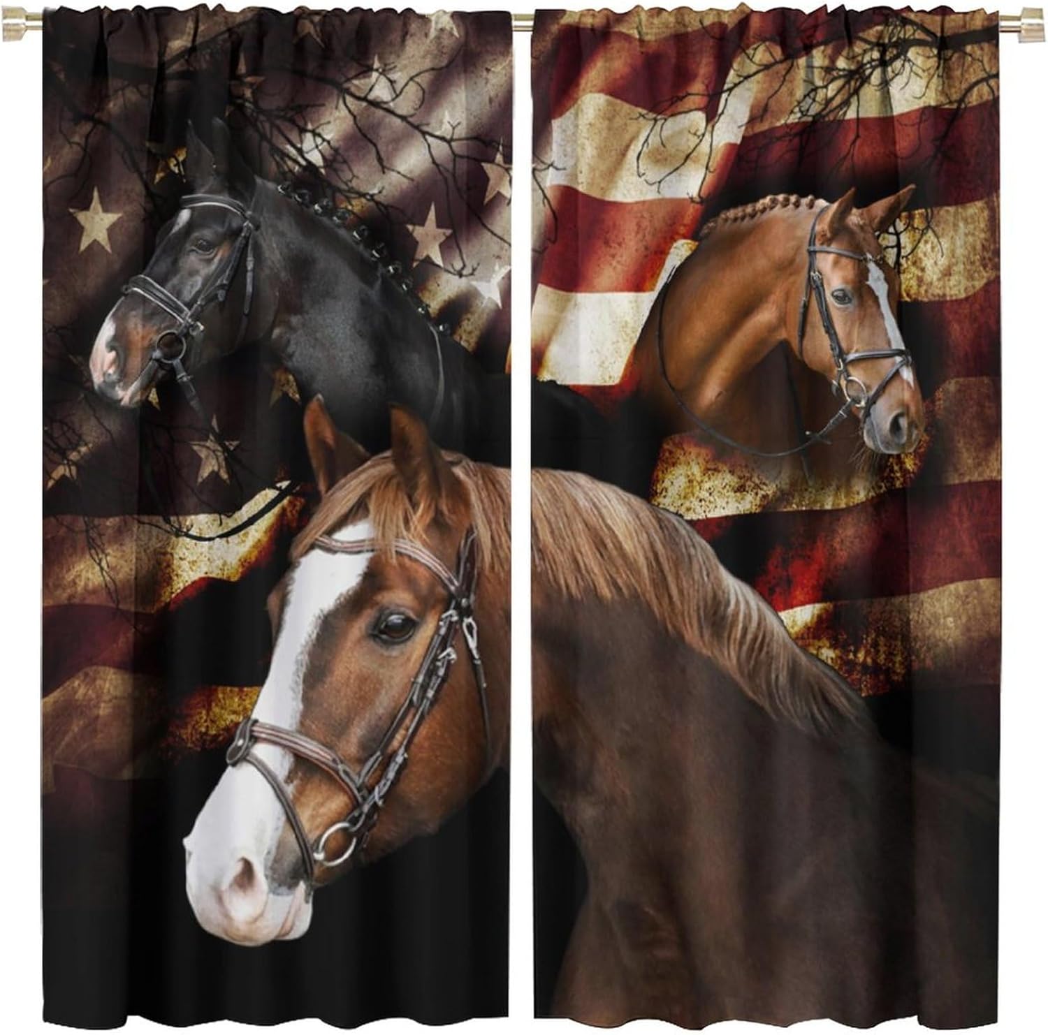 Brebasf Rustic Western Horses Blackout Curtains Vintage Western Farmhouse Animal Horses American Flag Window&Drapes Thermal Insulated Darkening Rod Pocket Curtains for Bedroom 2 Panels 45" L x 21" W