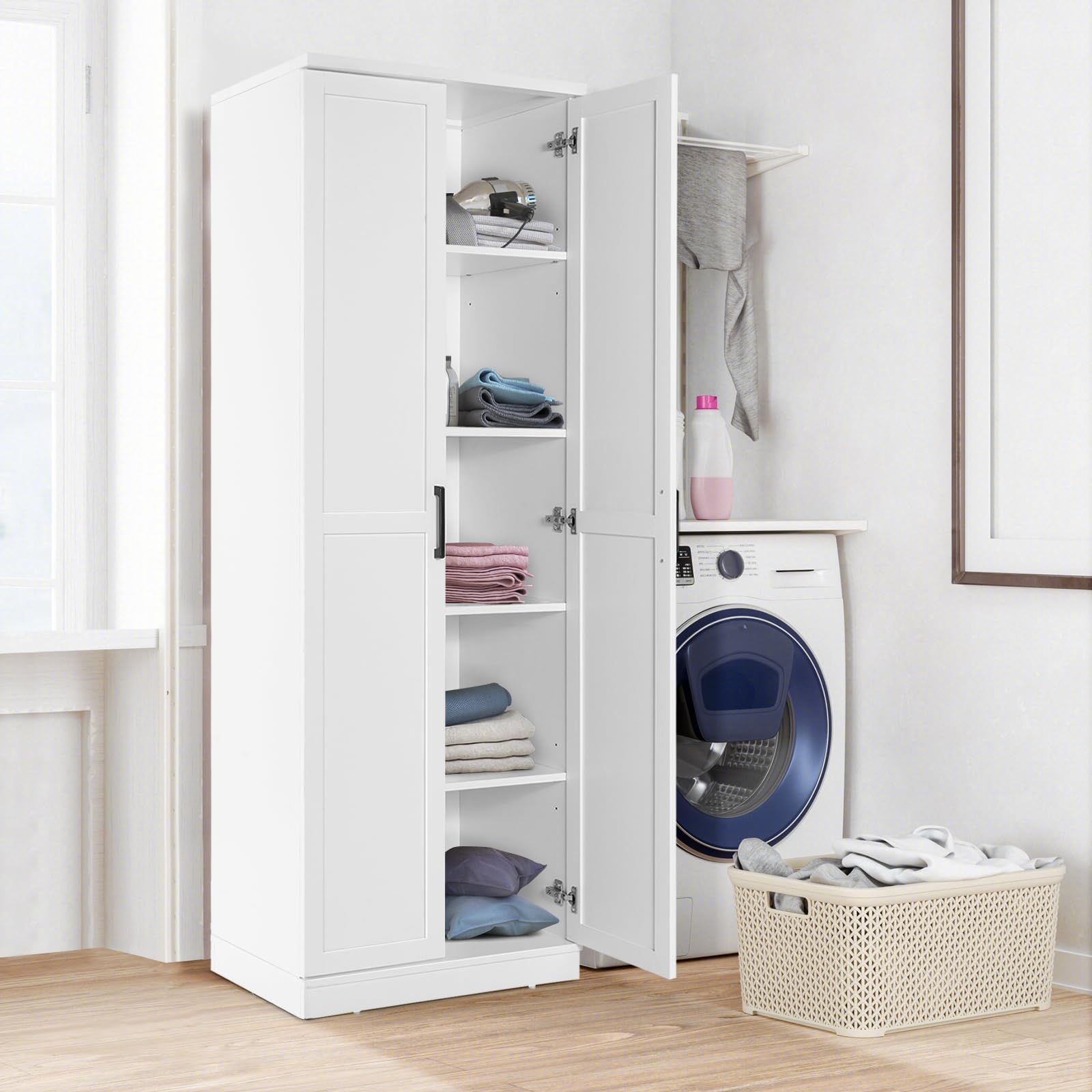 COSTWAY 5 stöckiger Hochschrank, freistehender Vorratsschrank mit 2 Türen & verstellbaren Regalen, Aufbewahrungsschrank Mehrzweckschrank mit Kippsicherung für Schlafzimmer, Küche, Wäscherei (Weiß)