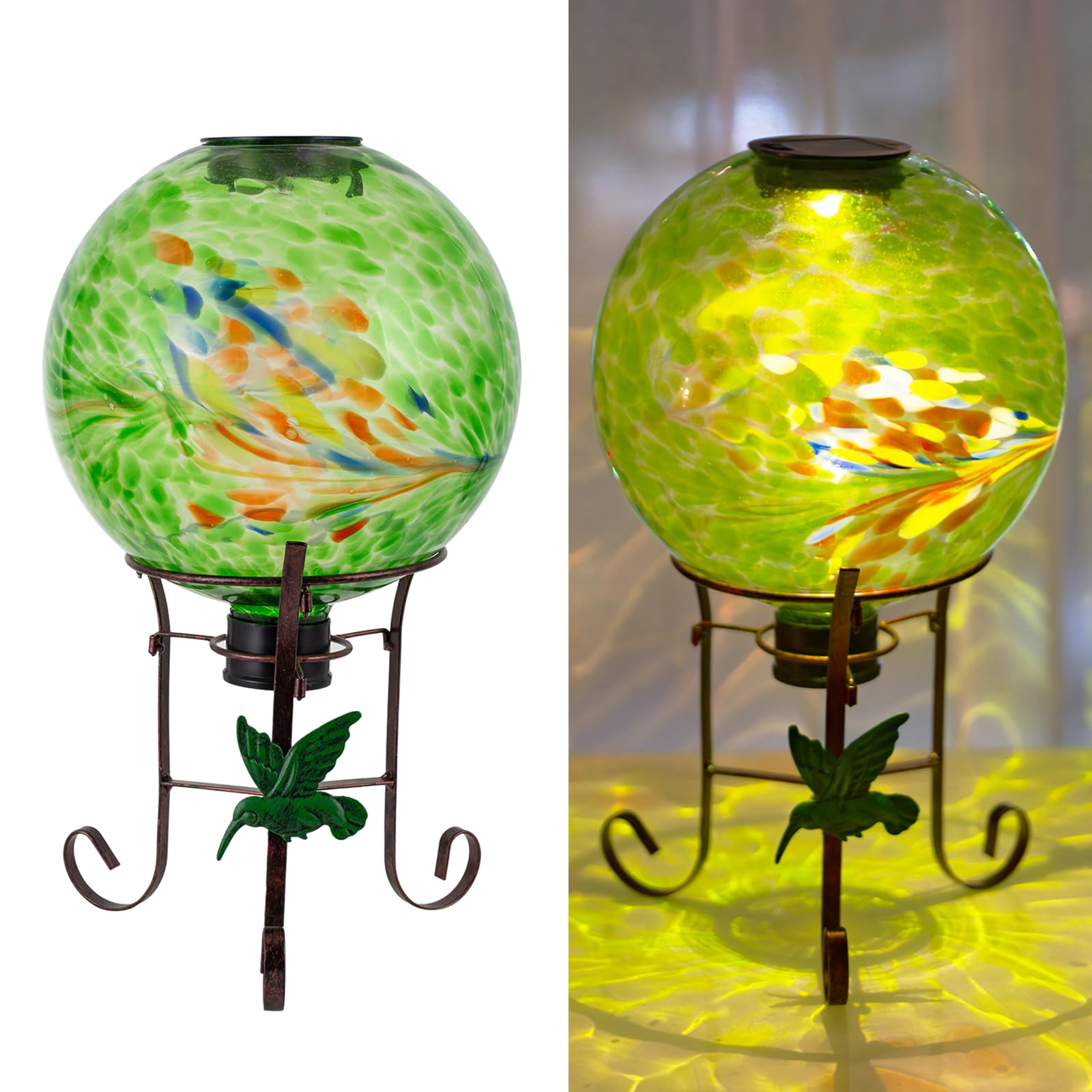 Sfera di vetro solare da 25,4 cm, con supporto in metallo alto 23,9 cm, espositore per luci a sfera solare, per esterni, giardino, prato, cortile, decorazione artistica verde
