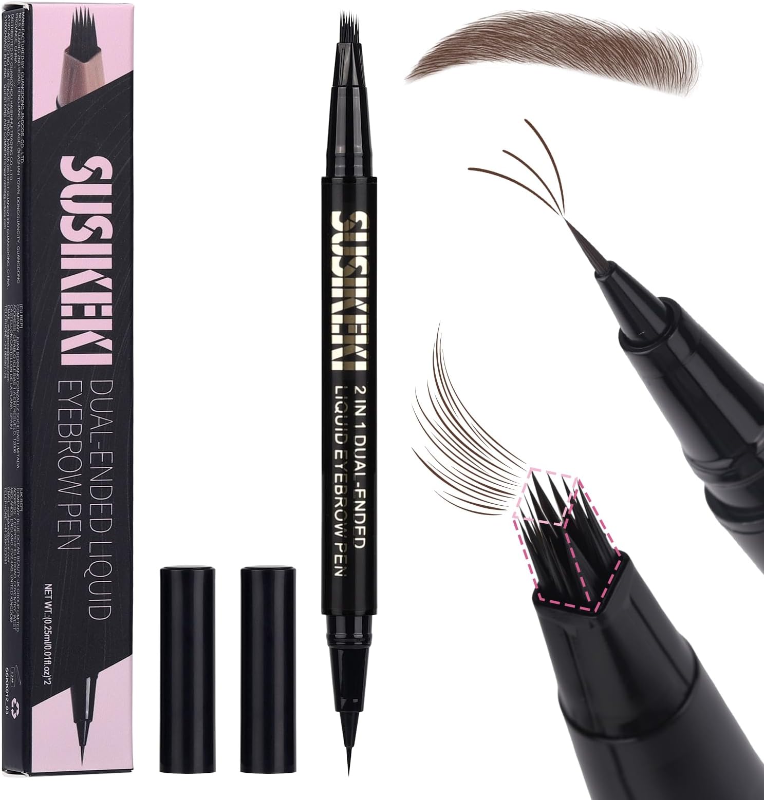 SUSIKEKI Dual Ended Microblading Eyebrow Pen - 2 in 1 Liquid Eyebrow Pencil with Brow-Fection Angled Brush & Precise Detail Brush-Tip, Shapes & Fills Hair-Like Looking Brows, Lasts All-Day, Dark Brown