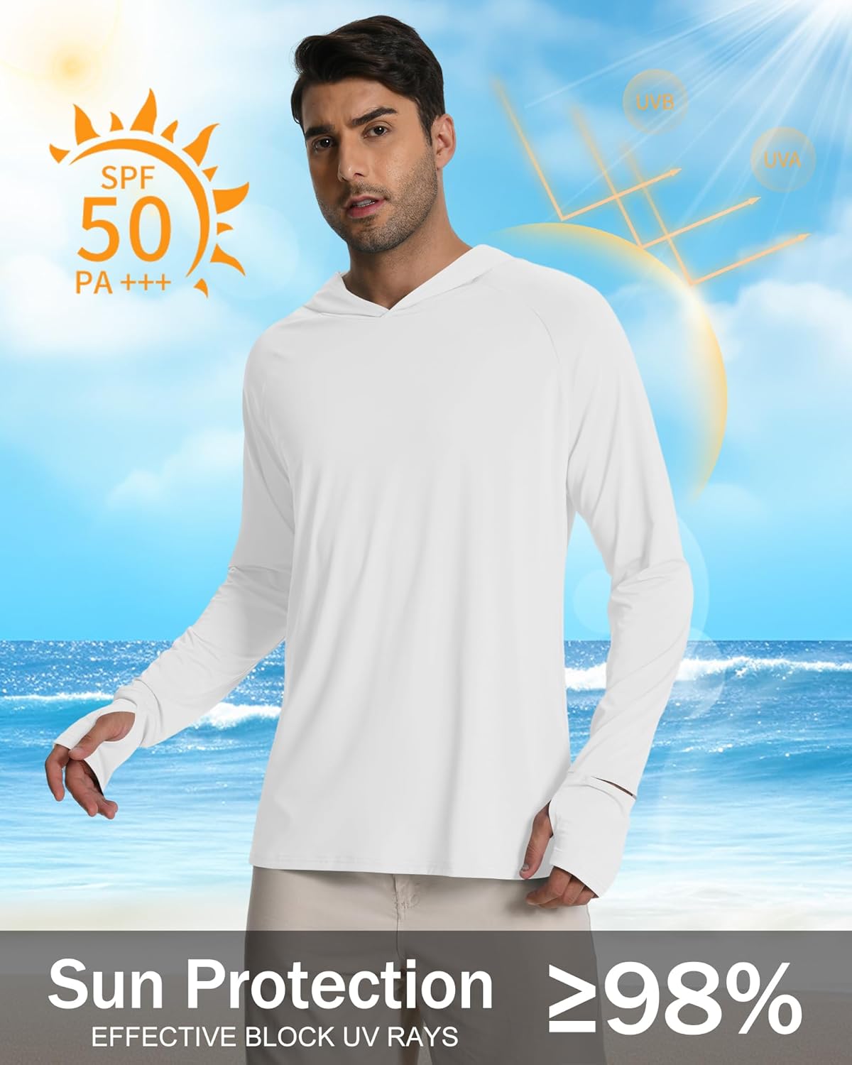 Hotfiary Mens Sun Protection Shirts UPF 50+ Long Sleeve Hoodie for Men UV Hooded Rash Guard Swim Shirts Running Hiking - Image 3
