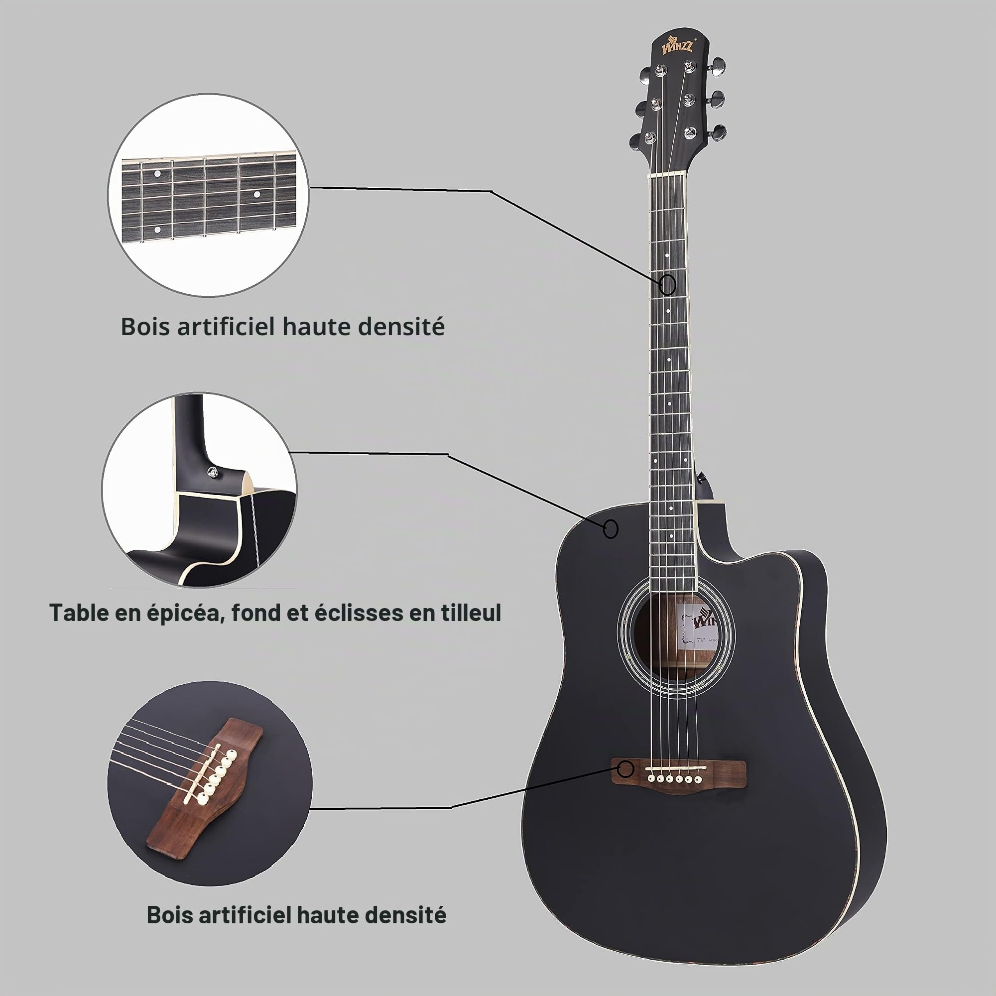 Winzz 41 Pouces Guitare Acoustique 4/4 Full Size pour les Adolescents Adultes Débutants Set, Noir Cutaway