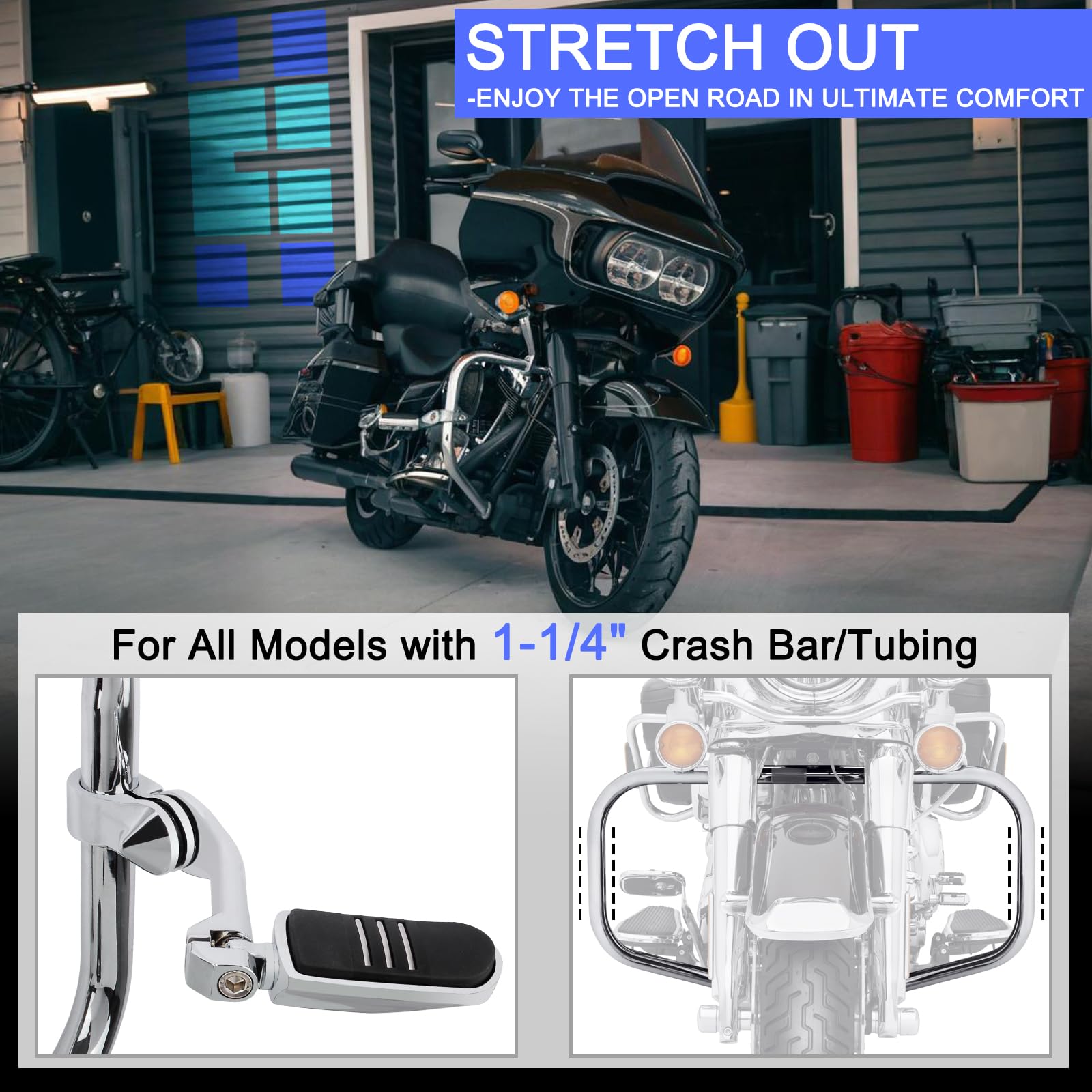 Regulowane podnóżki do autostrady 32 mm z zestawem do montażu pod długim kątem, uniwersalne do Harley, Honda, Kawasaki, Suzuki, Yamaha, Indian, Victory Motorcycle w/1-1/10.2 cm osłona