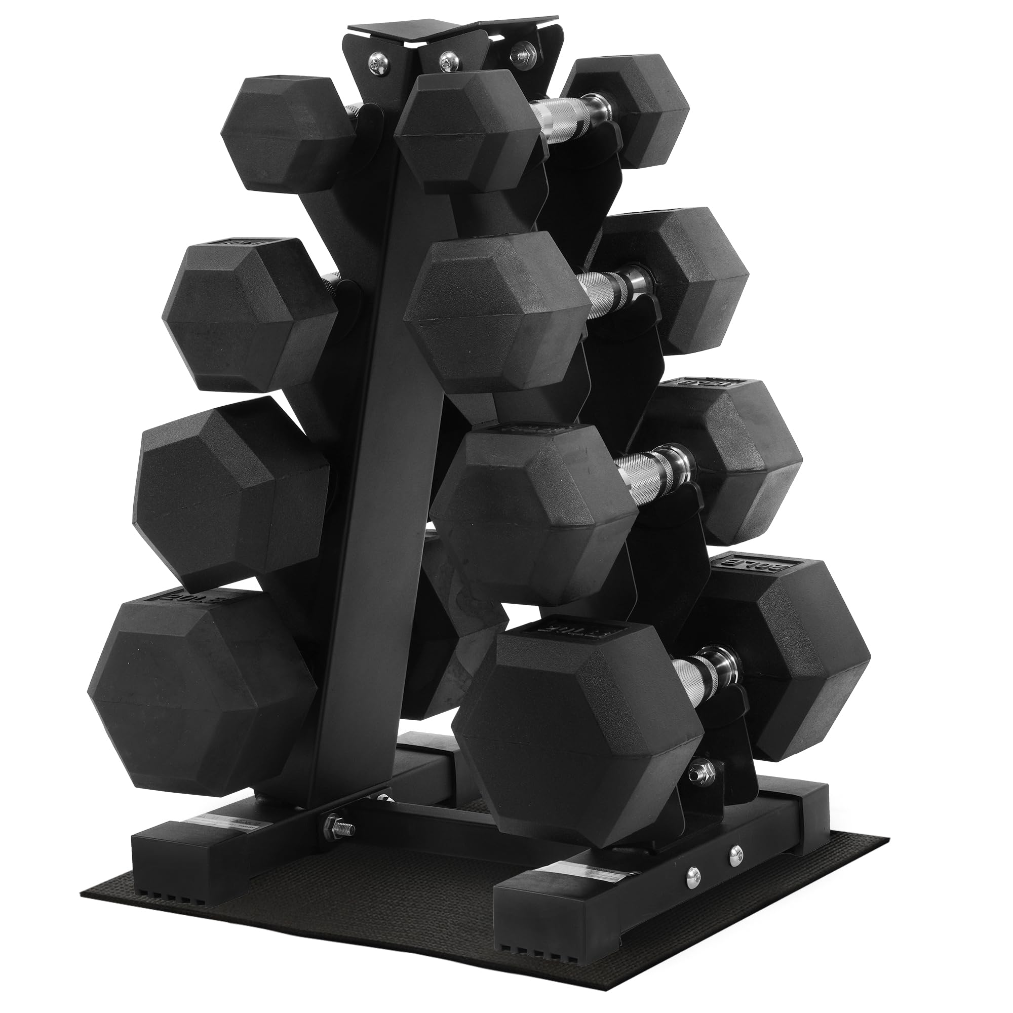 100 lb Dumbbell Set with Rack 5-20 lb Rubber Hex Weights Cast Iron 4-Tier A-Frame Stand Compact Home