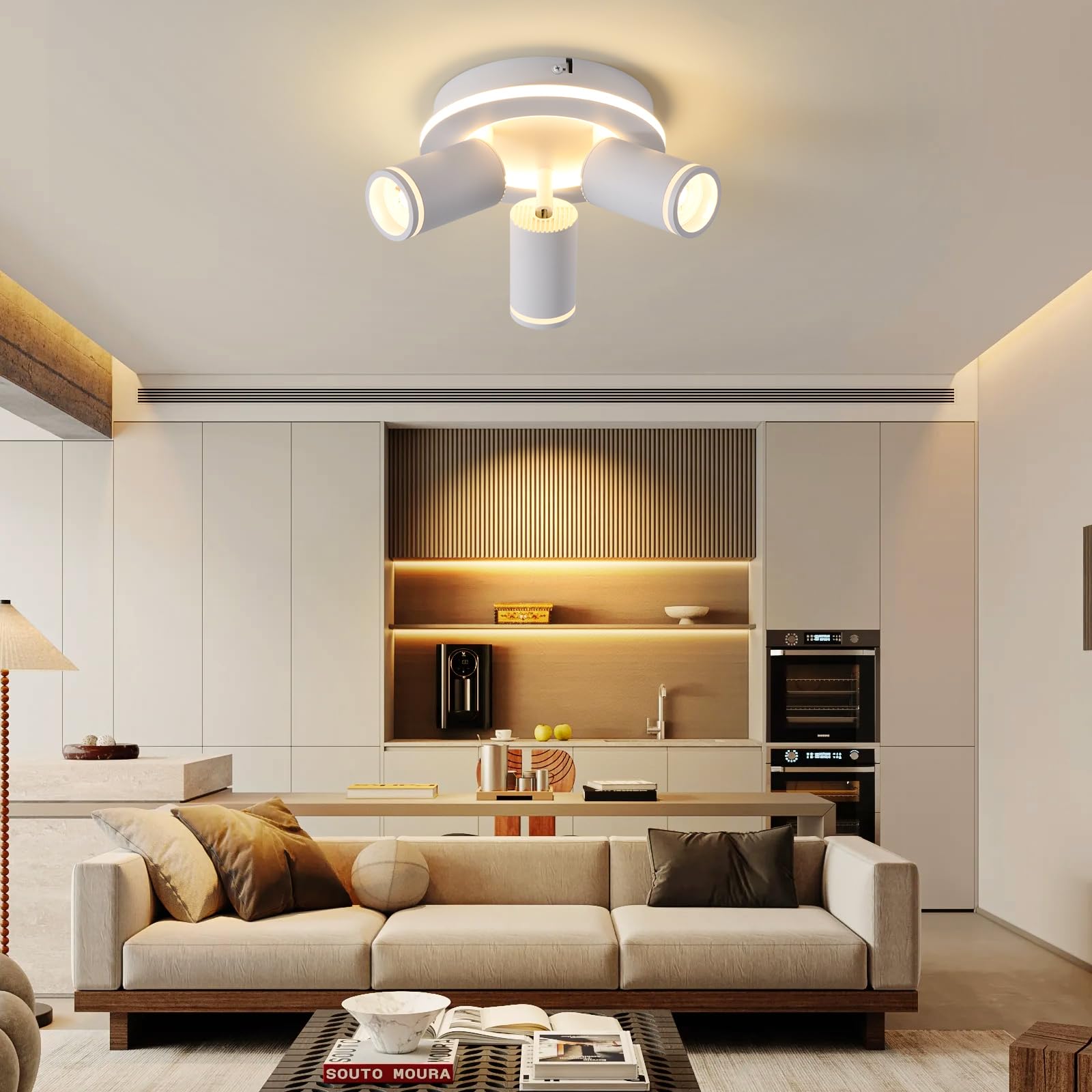 SANSHI Rotonda Faretti da Soffitto Orientabili Interno LED 3 Luce,Faretti da Parete con Inferiore 15W+3x5W,GU10 Lampadario Faretti,Moderna Plafoniera Faretti Bianco Caldo 3000K per Cameretta,Bianco