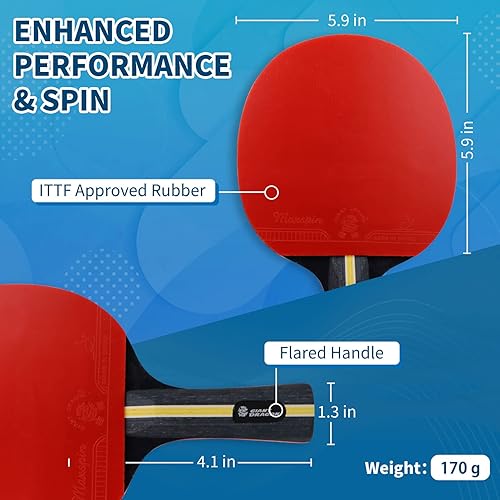Miniatura 6 de Juego de 4 palas de ping pong, palas de tenis de mesa de 5 capas con 8 pelotas y estuche de transporte, raquetas de goma de esponja suave y pelotas