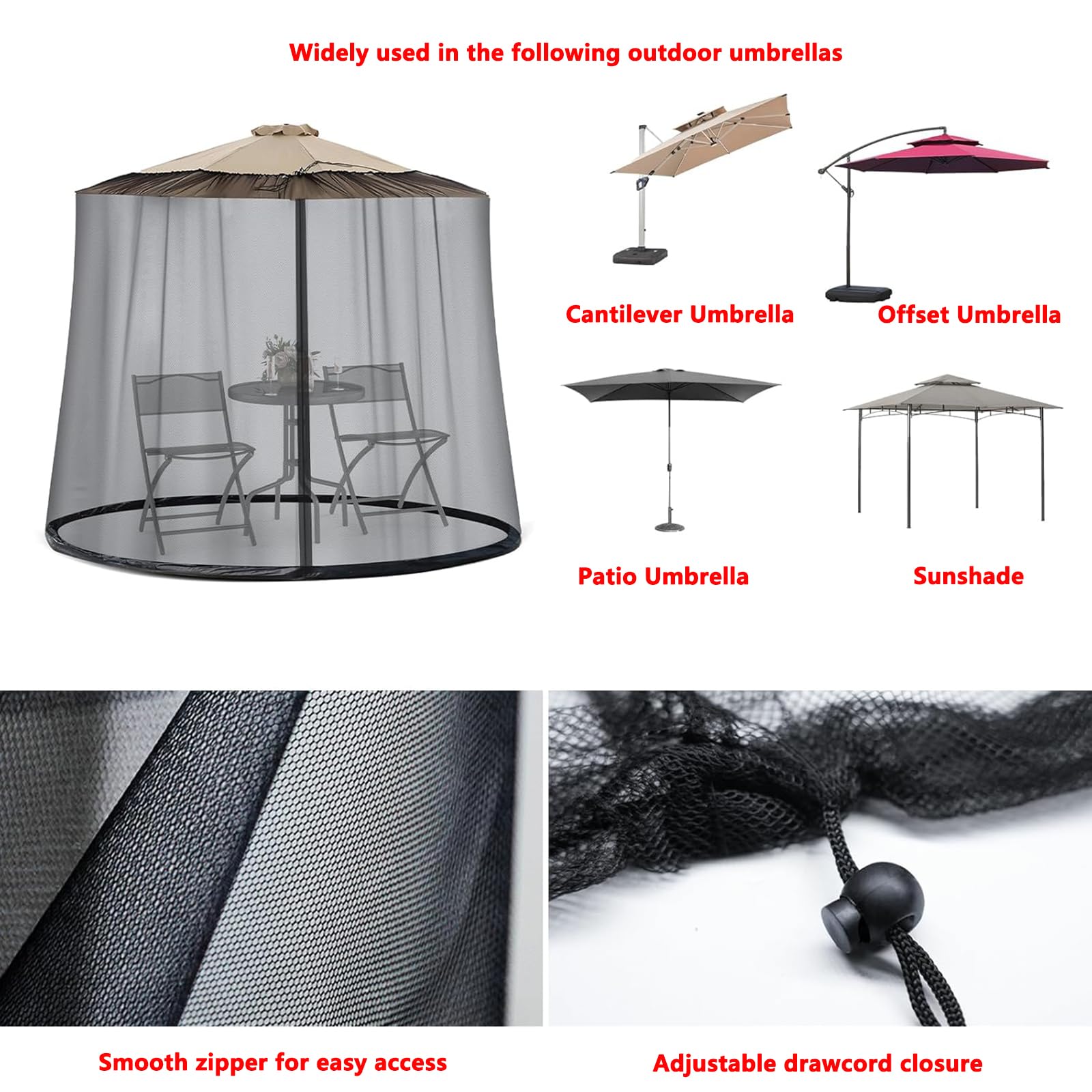 Mosquitero ajustable para cenador de 7 a 13 pies, cubierta de insectos de doble cara con puerta con cremallera, cortinas de toldo de patio al aire libre, protección de pantalla de mesa colgante