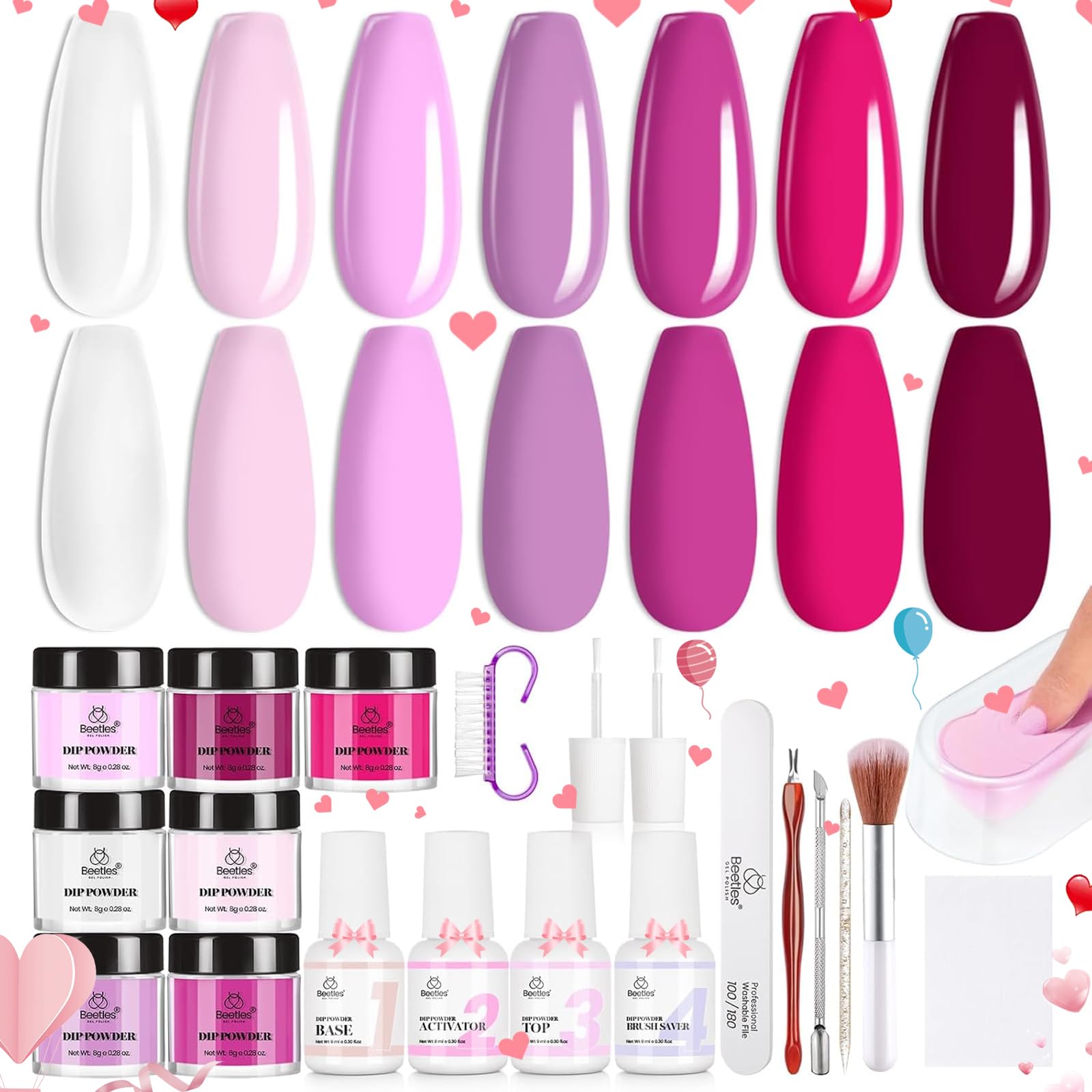 Beetles Pink Dip Powder Nail Kit, 7 Colors Hotpink Clear Pink Lightpink Deeppink Red Dip Powder Starter Kit with Liquid Set Recycling Tray with Base &