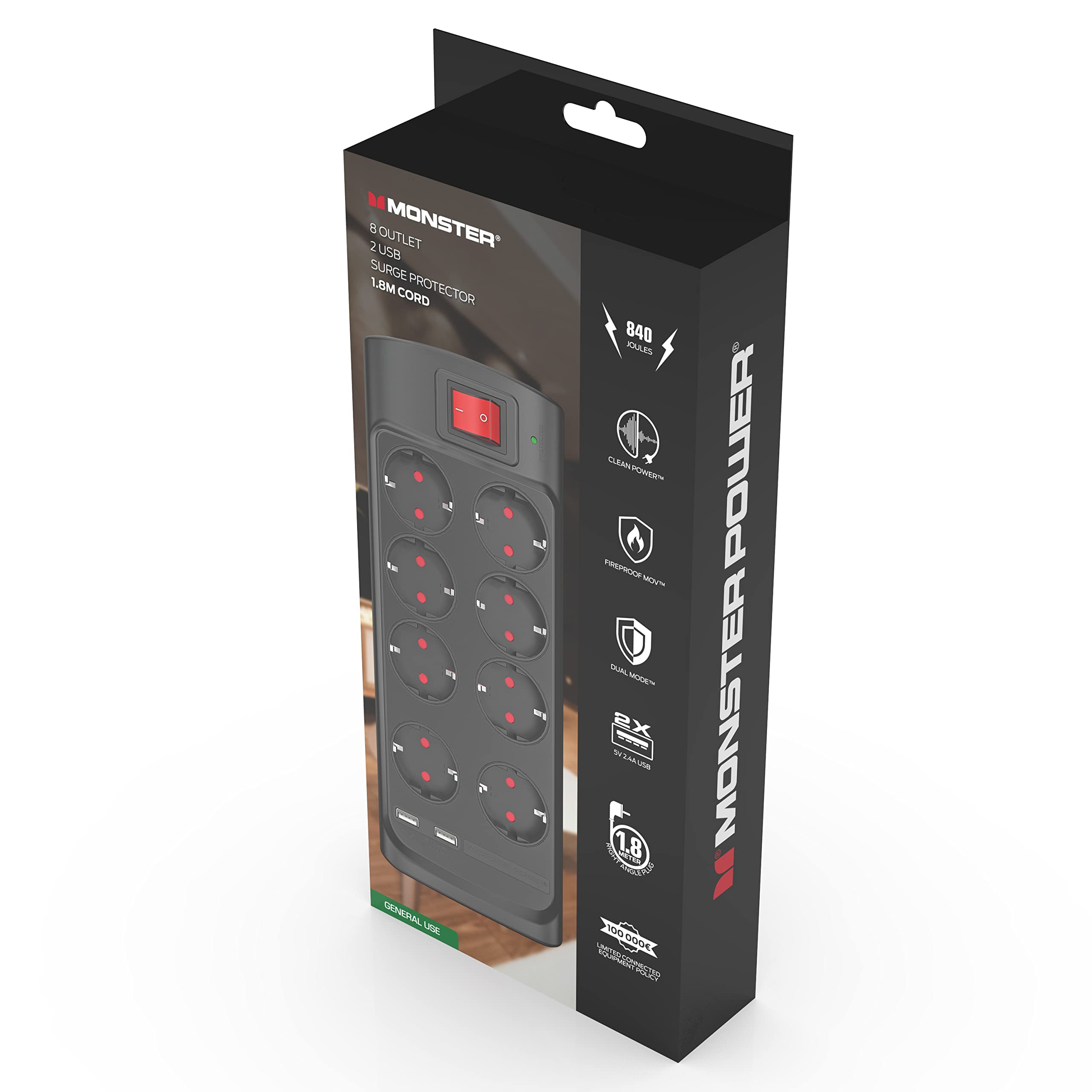Monster - Multiprise - 8 Prises + 2 USB avec Interrupteur - 1,8 m - Noir
