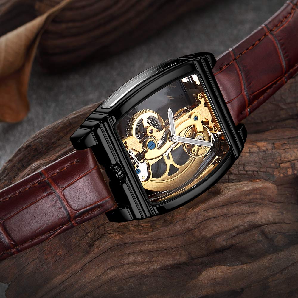 Reloj mecánico automático transparente para hombre, diseño de esqueleto steampunk, correa de cuero, reloj masculino montre Homme, Marrón y negro, Correa
