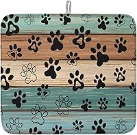 Vista 1 de Tapete de secado de platos con estampado de patas de perro para encimera de cocina, tapete de secado de platos de madera verde azulado, marrón