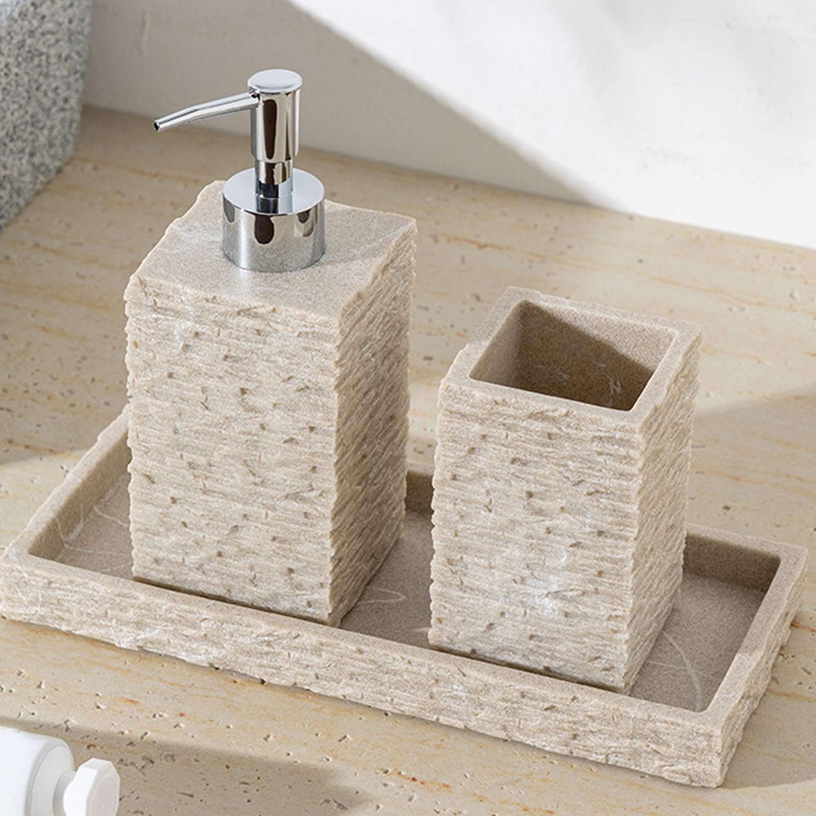 Juego de organizador de baño de resina con acabado de piedra, botella de jabón y bandeja organizadora, soporte para cepillo de dientes para uso doméstico, accesorios de baño