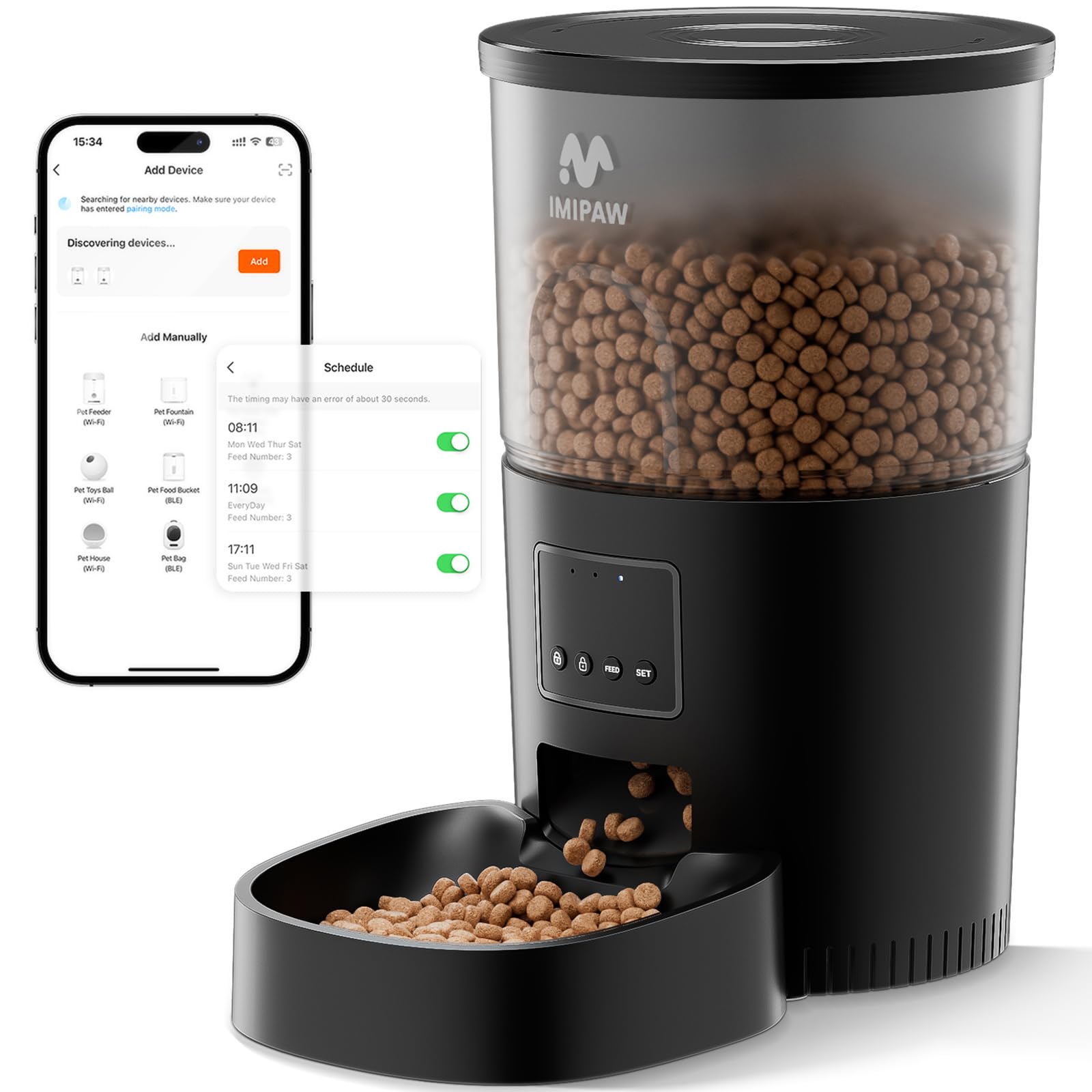 IMIPAW Distributore Automatico Cibo Gatti, Controllato da APP, 5G/2.4G WiFi Alimentazione a Distanza, 10 Pasti al Giorno, 3L Dispenser Cibo Secco per Animali Di Piccola e Media Taglia
