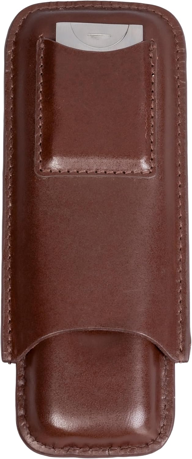Prestige Import Group - Leather 2 Cigar Case with Stainless Guillotine Cutter - Color: Brown