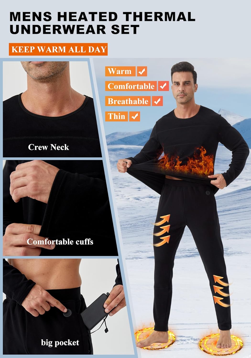 Men's Battery-Powered Heated Thermal Underwear with 2Pcs Batteries, Winter Heated Base Layer Men Hunting (Black, S) - Image 3