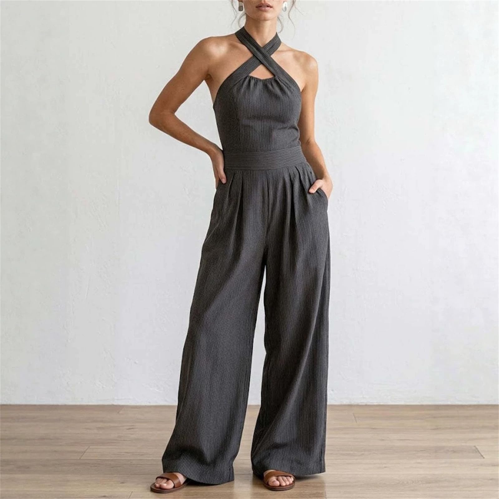 Générique Combinaison pantalon sans manches à jambes larges et poches, col halter croisé, en mélange coton et lin, tenue décontractée une pièce