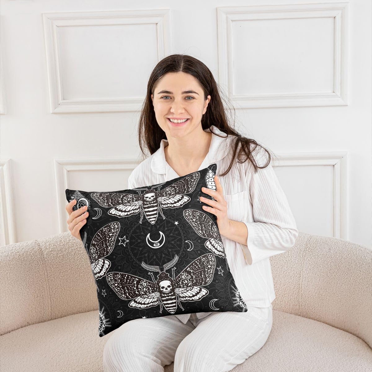 Gothic Throw Pillow Covers 20x20 Inch Pack of 4, Skull Moth Pillow Covers for Couch Bed, Skeleton Bones Boho Decorative Pillow Covers, Bohemian Mandala Cushion Covers for Halloween Bedroom Decor