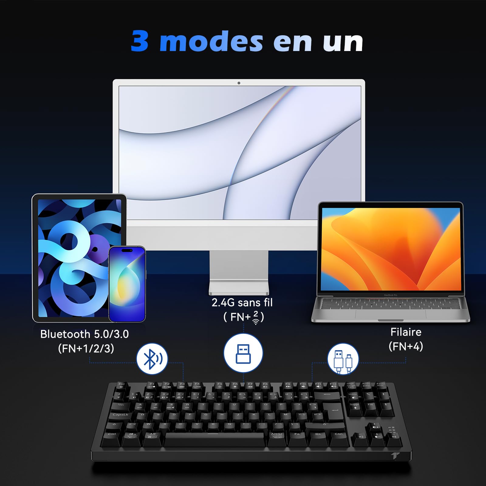 TECURS Tastiera Gamer Meccanica Wireless 80% TKL AZERTY, Tastiera Gaming Bluetooth/2.4Ghz/USB-C Programmabile con Interruttore Rosso, Tastiera Meccanica di Gioco RGB per PC/PS5/Win/Mac/Android/iOS,