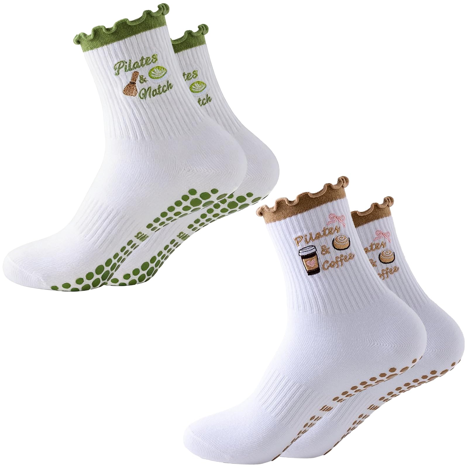 AMOturuxient 2 Pairs Reformer Pilates Socks, Yoga pilates Grip Socks women with Silicone Sole, Breathable Embroidered Cuff Socks for Barre, Fitness, Dance, Home Exercise