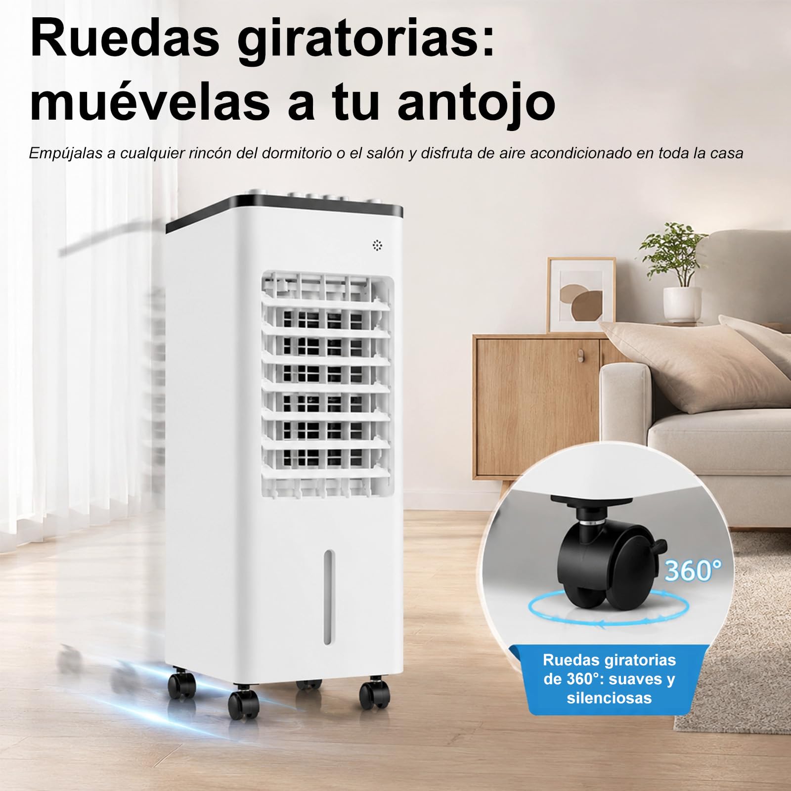 Climatizador Portátil Evaporativo,Oscilación 90°,3 Velocidades y Modo Sueño | Enfriador de Aire con Cristales de Hielo 75W Bajo Consumo, Depósito 4,1-6L,con Mando a Distancia y Ruedas para Hogar Oficina