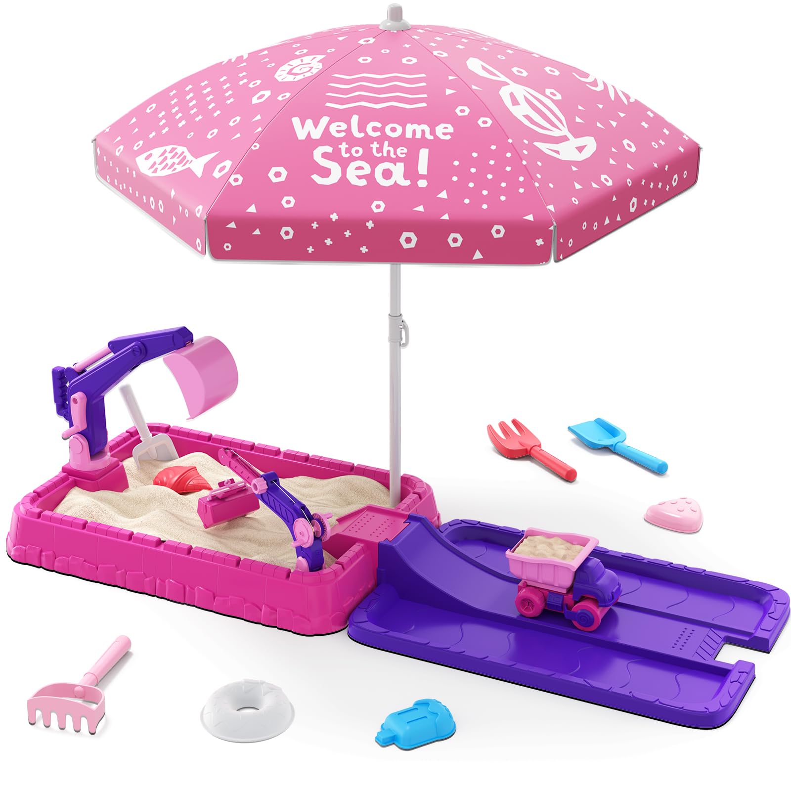 Sandbox with Lid, Dirt Digger Excavator Sand Box with Cover, Kids Sand Pit with Construction Toys/Umbrella/Beach Toys for Toddler 3-5, Sensory Kit Summer Gifts for Indoor Outdoor Backyard, PurpleGlobal Recycled StandardGlobal Recycled StandardGlobal Recycled Standard