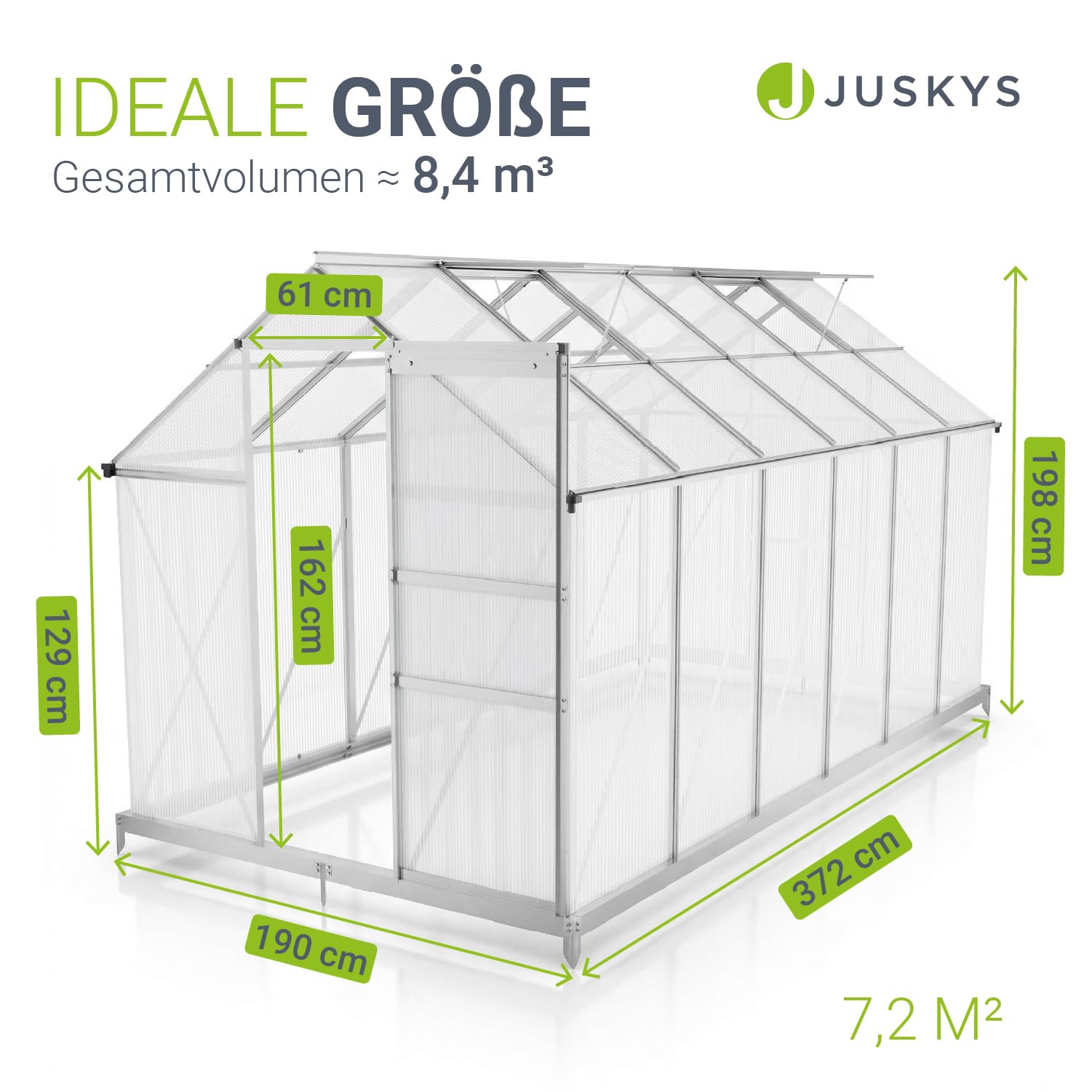 JUSKYS® Gewächshaus 7,2 m² - Aluminiumgestell & Stahlfundament, UV-beständig, abschließbare Schiebetür, belüftbare Dachfenster 61x57 cm