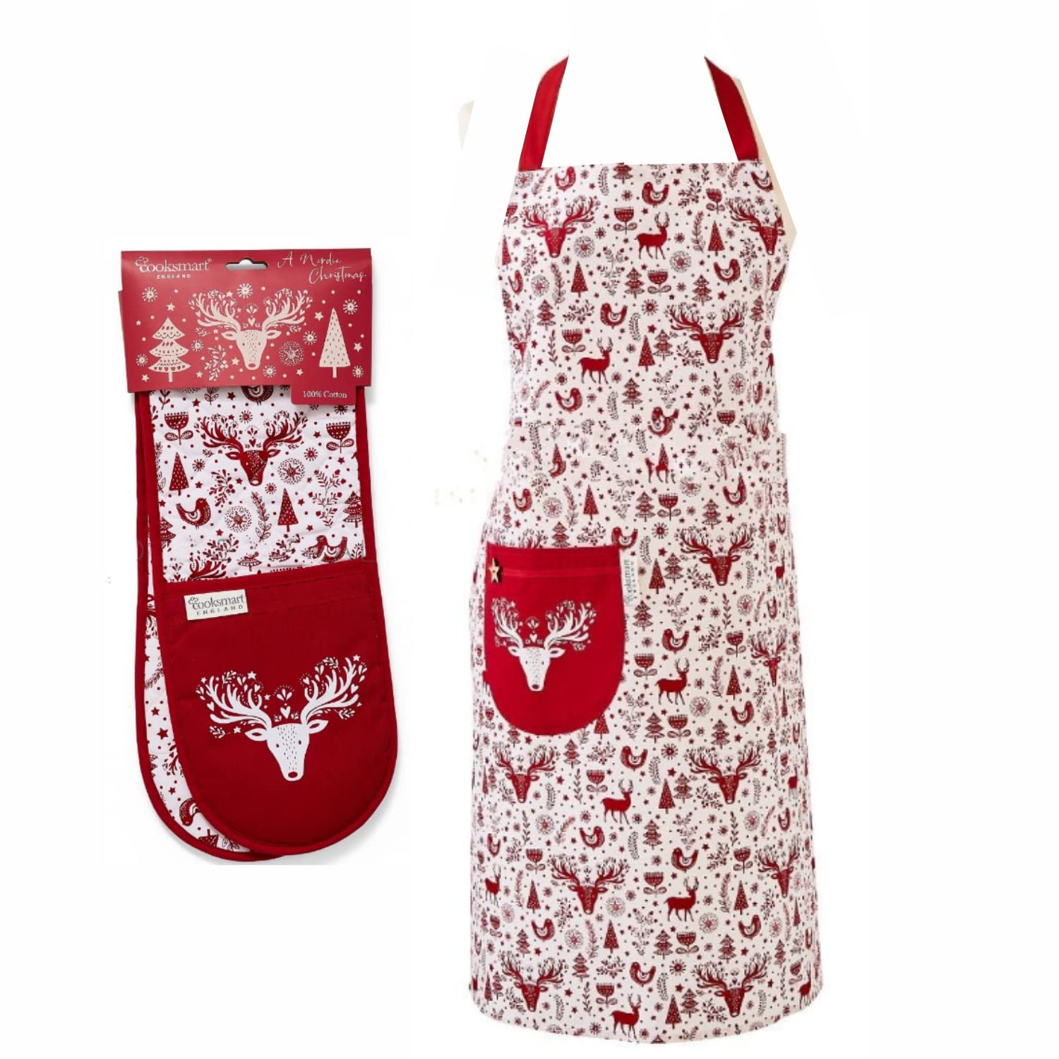 Yasirona Christmas Apron & Double Oven Gloves with beautiful ‘Nordic Christmas’ design. The must have gift for Bakers, Cooks and Chefs.