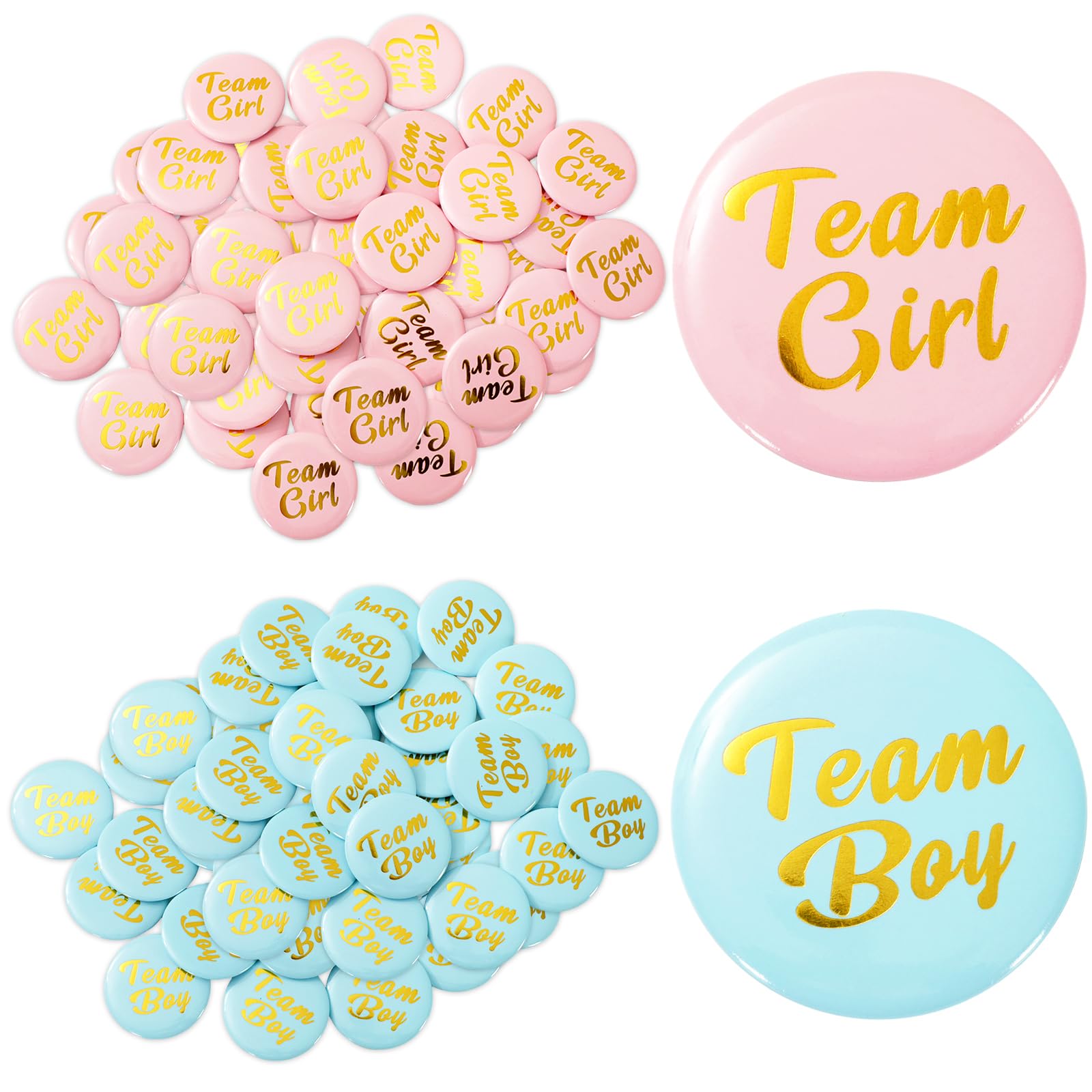 FYSUIMU 50Pcs Gender Reveal Foil Gold Button Pin Blue Team Boy & Pink Team Girl Metal Pin Badge for Gender Reveal Baby Shower Party Favor Supplies, 2