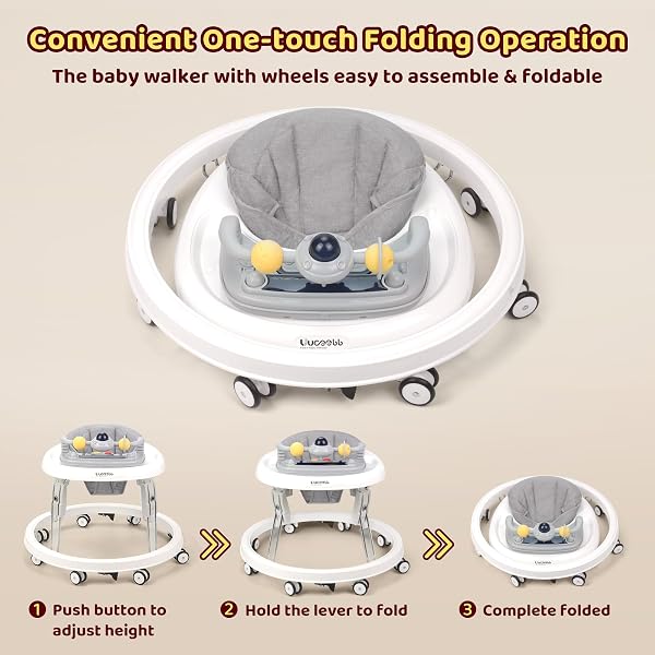 Baby Walker, Foldable Multi-Function Anti-Rollover Walker with Music Tray & Light, 7 Level Height Adjustable, Baby Walkers for 1 Year Olds Suitable for All Terrains (Grey) - 4