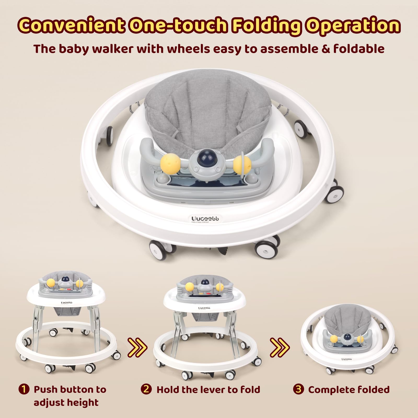 Baby Walker, Foldable Multi-Function Anti-Rollover Walker with Music Tray & Light, 7 Level Height Adjustable, Baby Walkers for 1 Year Olds Suitable for All Terrains (Grey) - 4