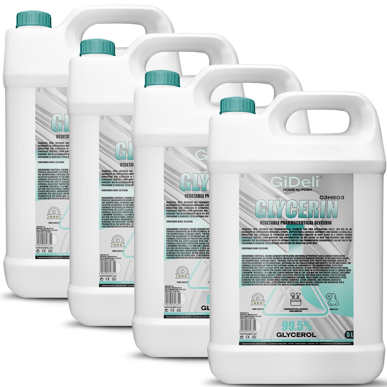 GiDeli Gliceryna 99,5% czysta 4 x 5 l gliceryna VG jakość farmaceutyczna E422 roślinna, wegańska, bezbarwna, bezzapachowa