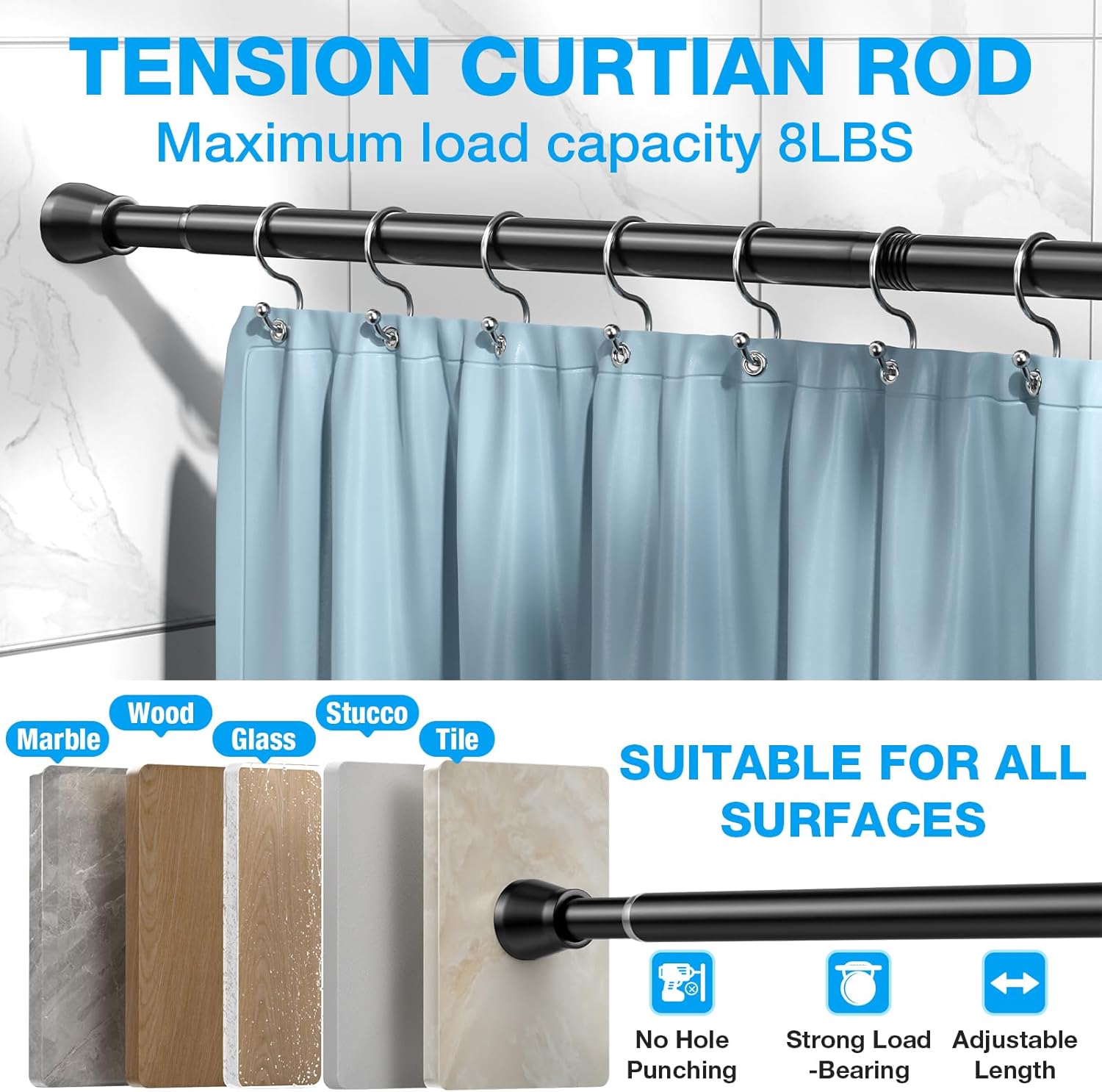2pcs Shower Curtain Rod 44-77 inch Black Tension Rod Shower rod Non Slip Tension Curtain Rod Adjustable Curtain Rods No Drilling Shower Rods for Bathroom Windows Closet