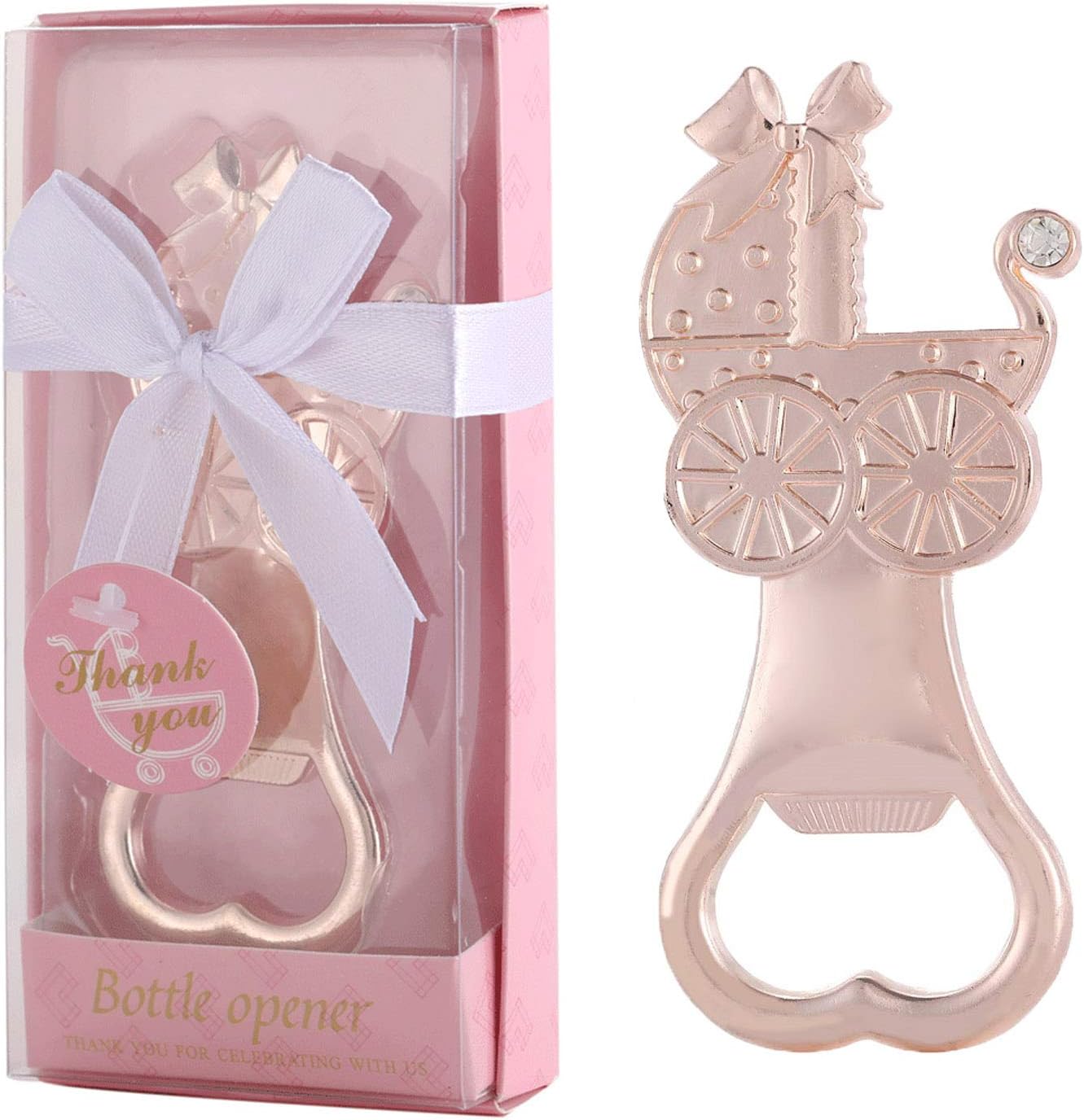 24pcs Bottle Openers for Baby Shower Favors, Bridal Baby Shower Decorations Souvenirs, Poppin Bottles Openers with Exquisite Gifts Box Used for Baby Party (Pink-Baby Carriage, 24)