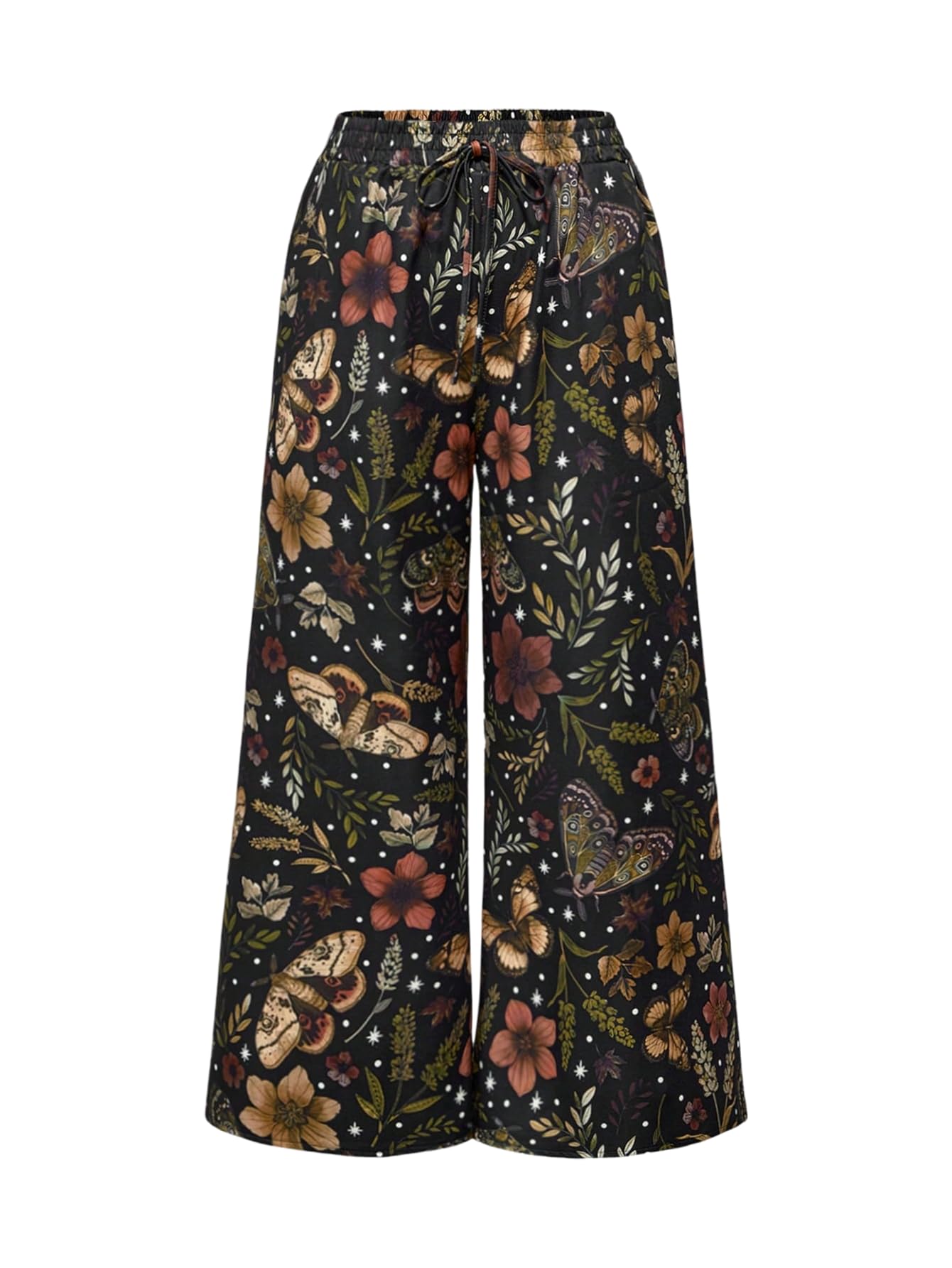 WDIRARA Womens Plus Size Butterfly Floral Print Wide Leg Pants Drawstring Waist Palazzo Pants