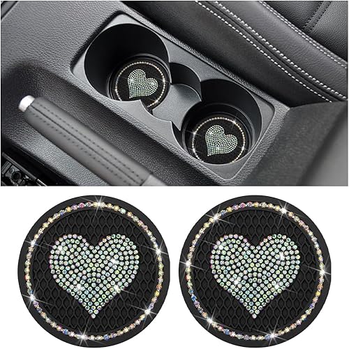 Miniatura 7 de AICEL Posavasos para automóvil con diseño de corazón, 2 unidades, universales, de 2.75 pulgadas, con diamantes de imitación brillantes, tapete