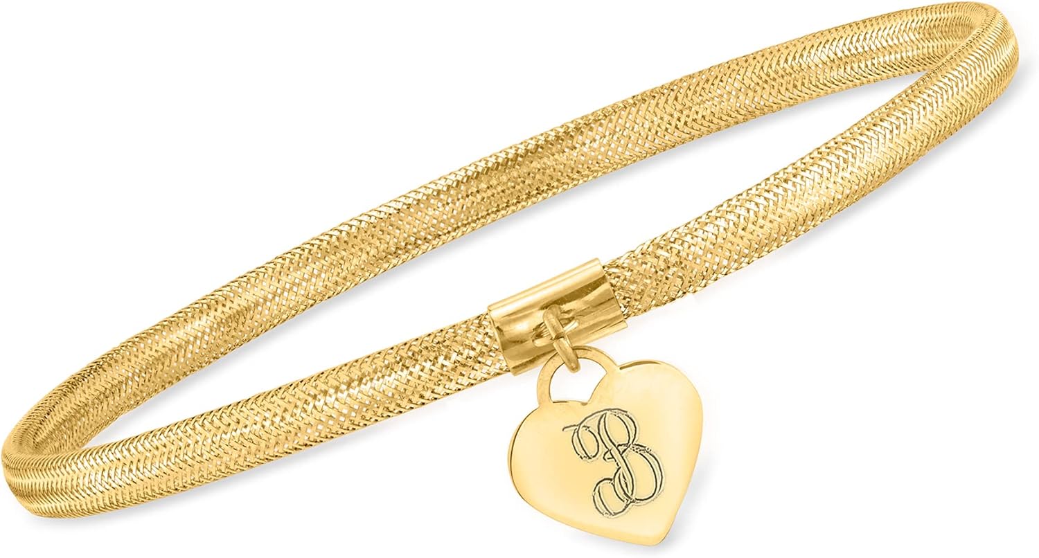 Ross-Simons Italian 14kt Yellow Gold Personalized Heart Charm Mesh Bracelet